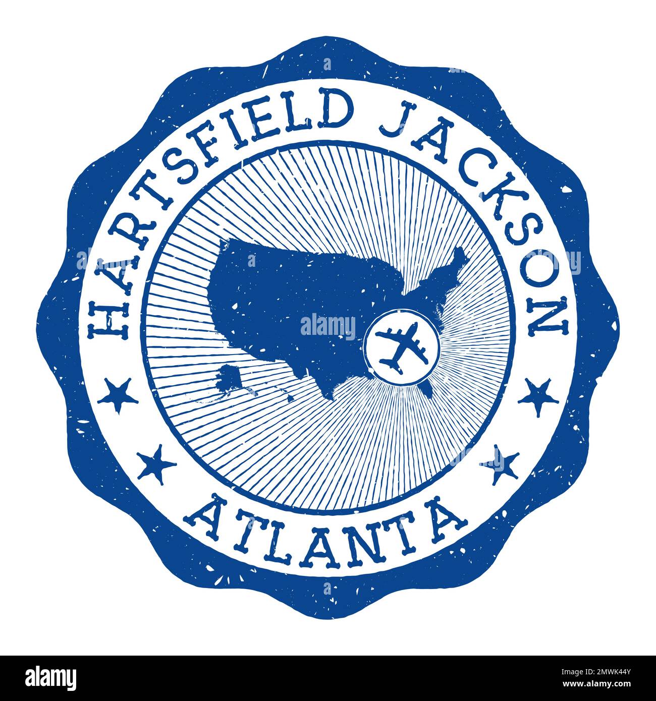 Hartsfield Jackson Atlanta-Stempel. Rundes Logo des Flughafens von Atlanta mit Standort auf der Karte der Vereinigten Staaten, gekennzeichnet durch Flugzeug. Vektordarstellung. Stock Vektor