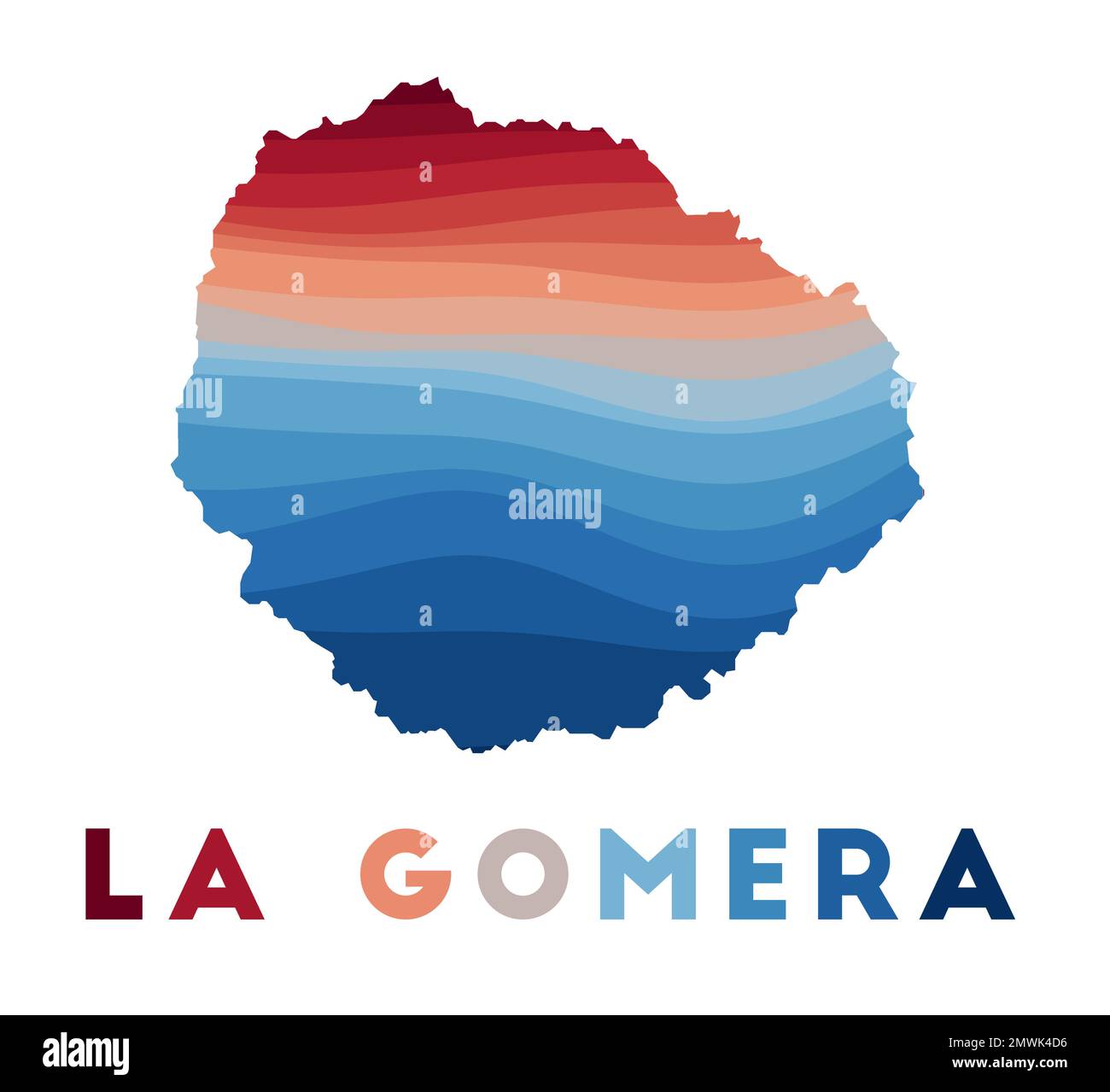 Karte von La Gomera. Karte der Insel mit wunderschönen geometrischen Wellen in rot-blauen Farben. Lebendige La Gomera-Form. Vektordarstellung. Stock Vektor