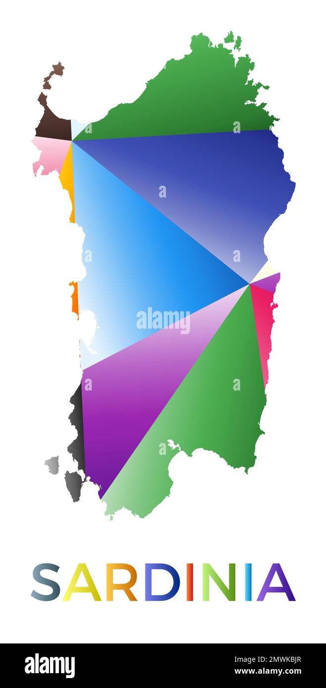 Leuchtende sardinische Form. Mehrfarbiges, geometrisches Insellogo. Modernes, trendiges Design. Saubere Vektordarstellung. Stock Vektor