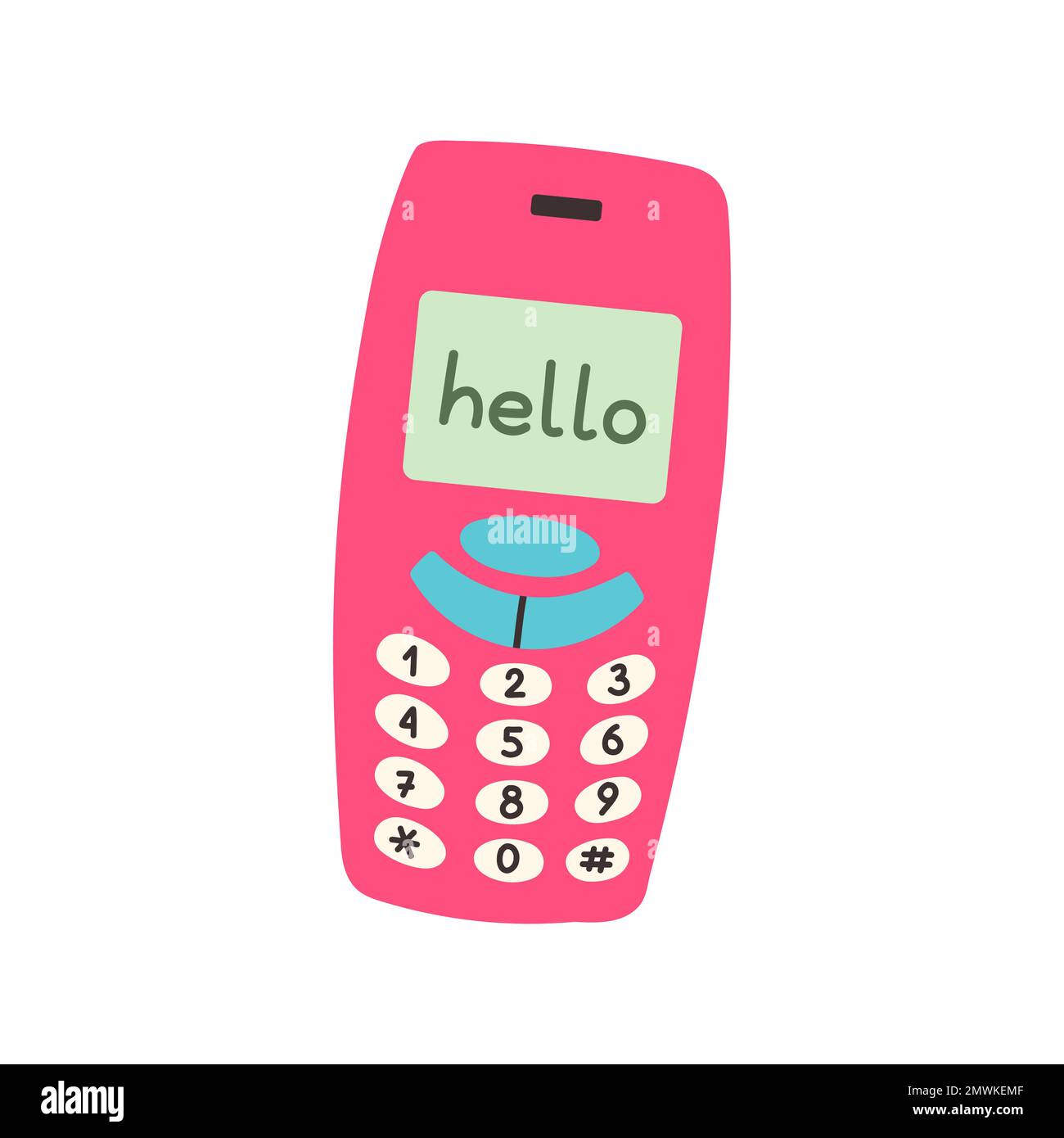 Altmodisches Mobiltelefon. Das alte Rohr. Vektordarstellung für eine Karte oder ein Poster, für Kleidung drucken. 90s Mobiltelefon Stock Vektor