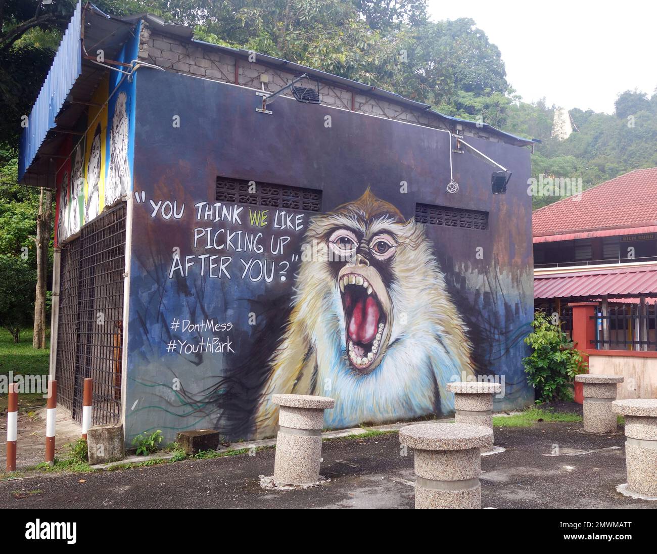 Straßengemälde mit Affen und Anti-Wurf-Slogan, Penang, Malaysia. Kein MR oder PR Stockfoto