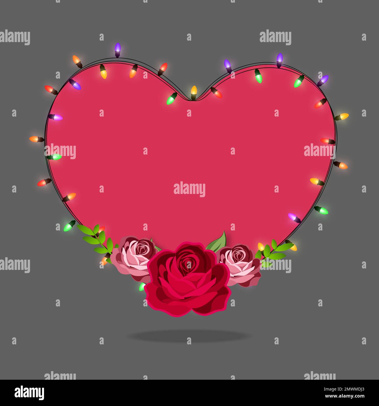 Grußkarte zum Valentinstag mit elektrischen Lichtern, rotes Herz mit Rosen. Stock Vektor