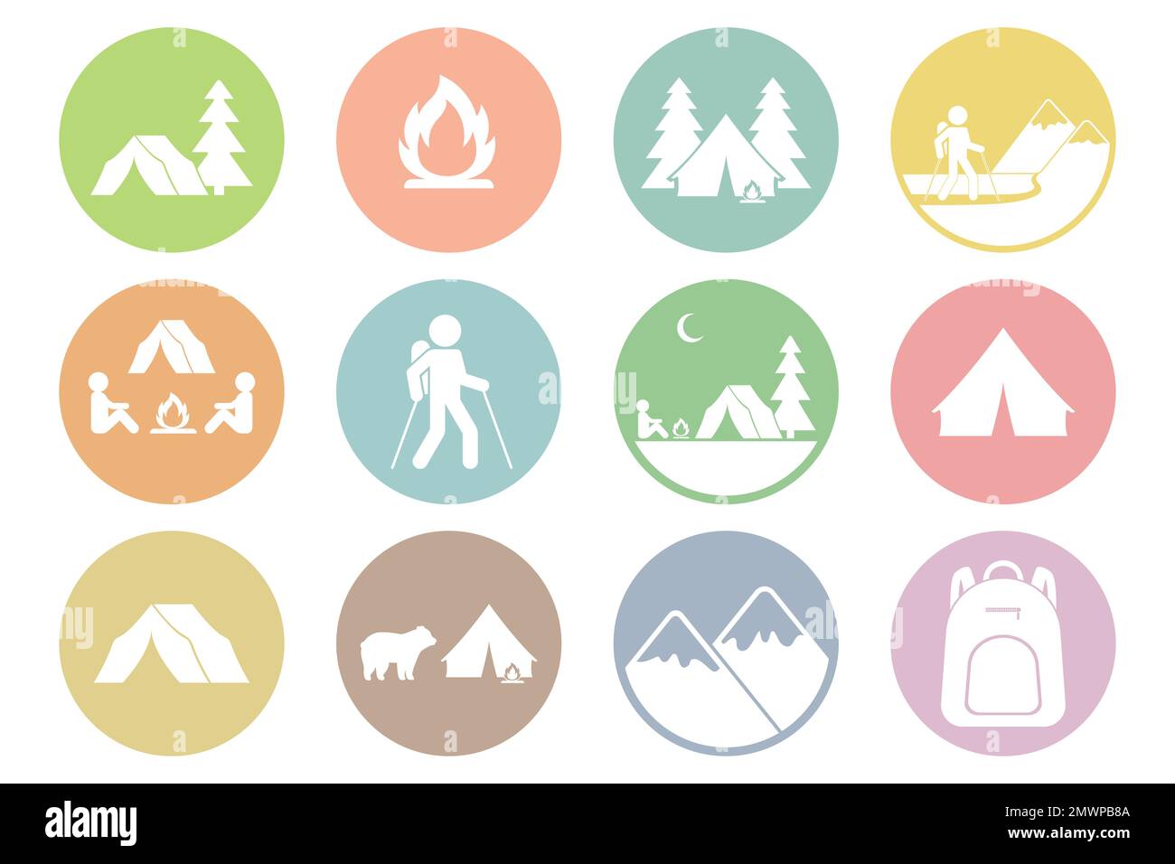 Tourismus-Ikonen. Symbole für Aktivitäten im Freien. Vektor. Stock Vektor