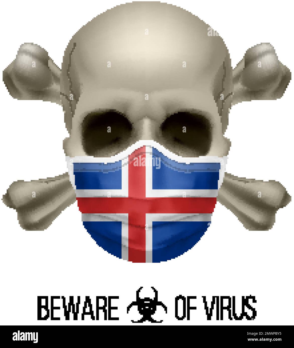 Menschlicher Schädel mit Kreuz und Operationsmaske in der Farbe der Nationalflagge Island. Maske in Form der isländischen Flagge und Schädel als Konzept von Dre W Stock Vektor