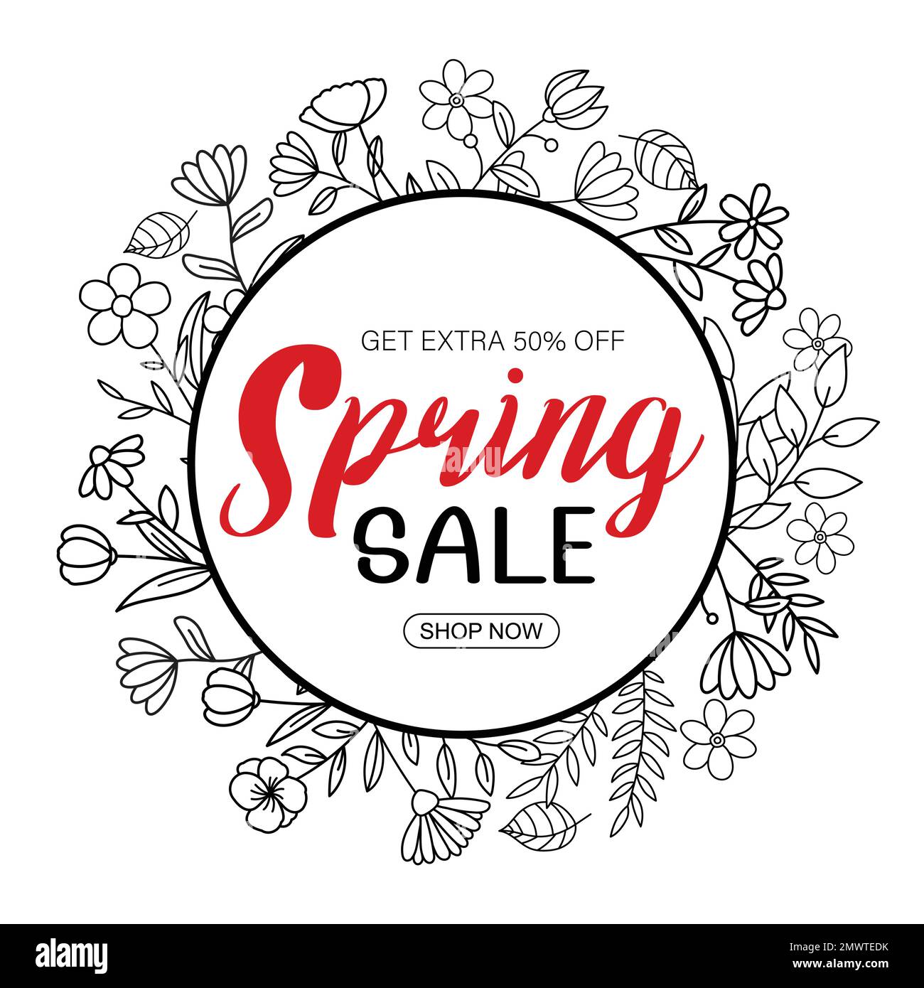 Frühjahrsbanner mit Blatt- und Blumenhandzeichnung auf weißem Hintergrund. Poster-Angebot bis zu 50 % Rabatt. Stock Vektor