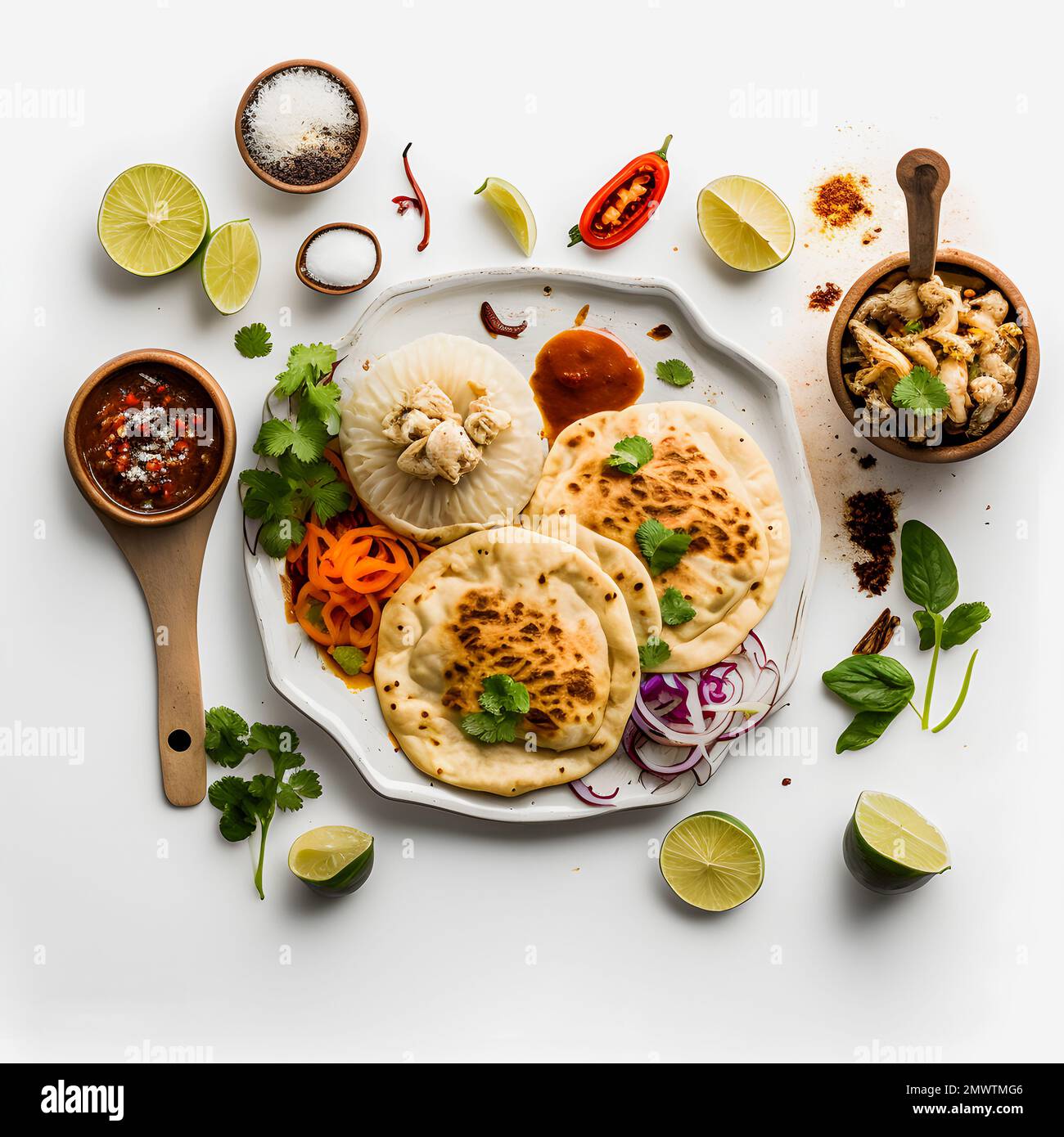 Pupusas auf weißem Hintergrund-Nahrungsmittelfotografie. Hochwertige Bilder halten die traditionellen Aromen und Texturen dieses beliebten Street Food in einem modernen Ambiente fest Stockfoto