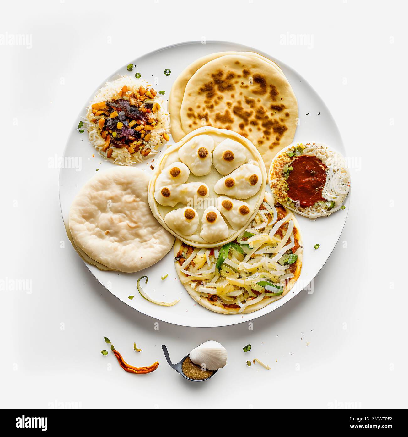 Pupusas auf weißem Hintergrund-Nahrungsmittelfotografie. Hochwertige Bilder halten die traditionellen Aromen und Texturen dieses beliebten Street Food in einem modernen Ambiente fest Stockfoto