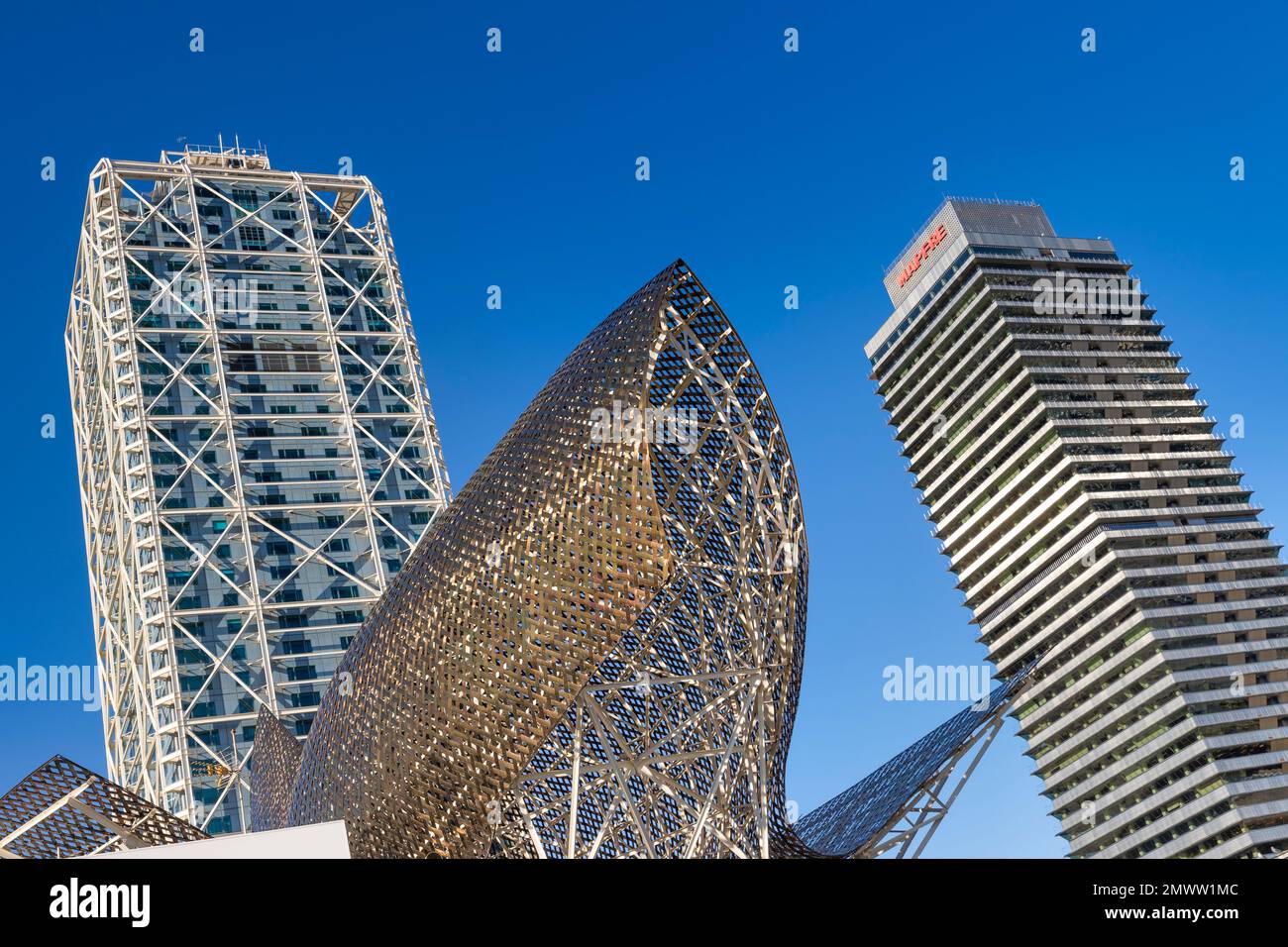 Hotel Arts (links) und Torre Mapfre (rechts), Barcelona, Spanien Stockfoto