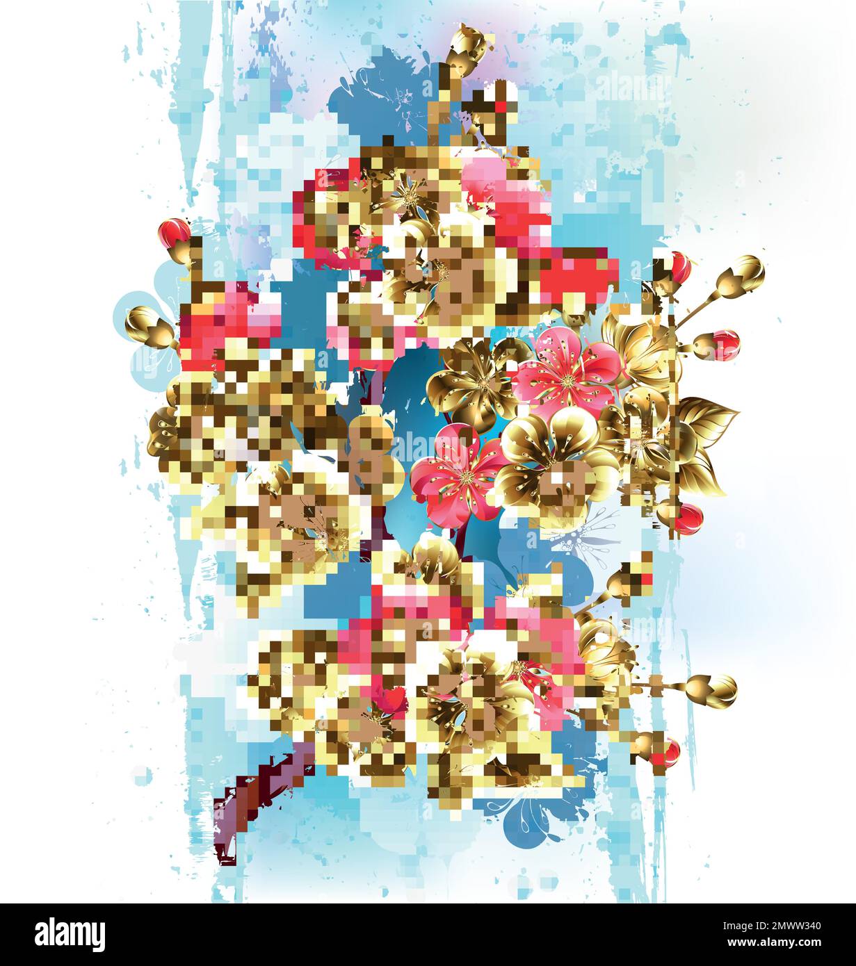 Künstlerisch gezeichnet, Zweige goldener und roter Kirschblüten auf malerischem, strukturiertem Hintergrund, mit blauer und lilafarbener Farbe übermalt. Goldsakura. Stock Vektor