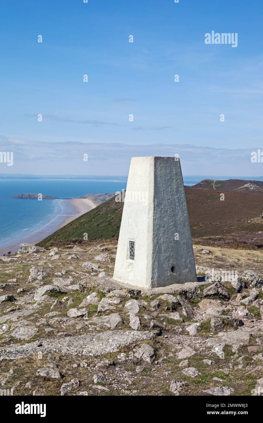 Trig Pillar, Rhossili Downs, Rhossili, Gower Peninsula, Swansea, Südwales, Großbritannien Stockfoto