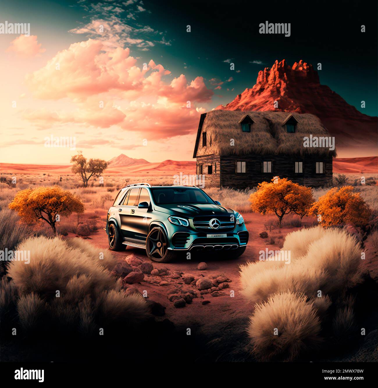 Wunderschöne Landschaft und Mercedes-Benz GLE im Hintergrund Stockfoto
