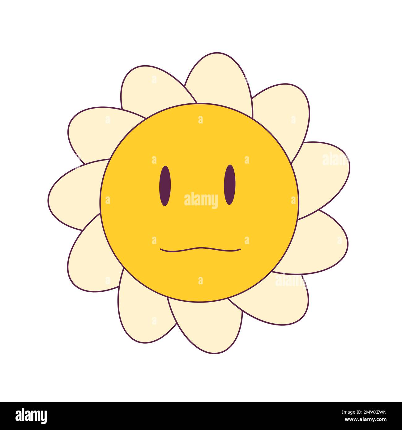 Vom Smiley Flower Face Y2K inspirierte Ikone. Retro-lustiger Gänseblümchen-Aufkleber. Trügerisches, altgelbes Gesicht in Blütenblättern. Flippige Kamillenblüten-Emoji. Vektordarstellung. Stock Vektor