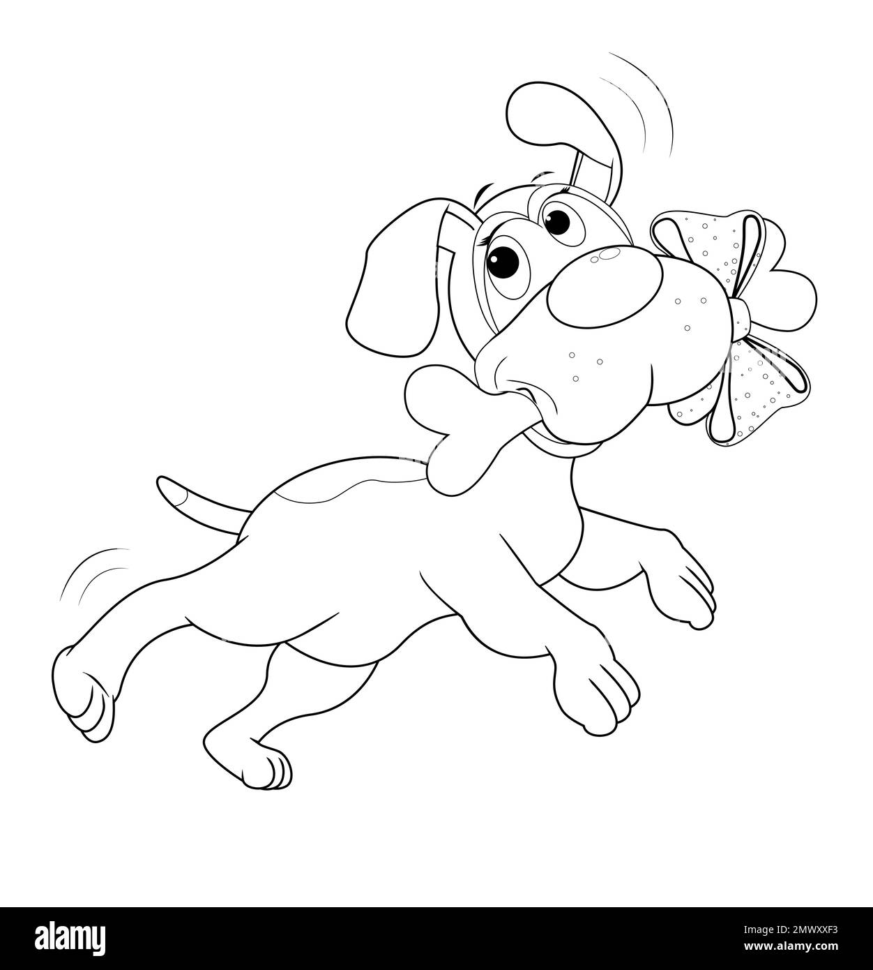 Klein, fröhlich gesprungen, Hund, mit einem Geschenkknochen, schwarze Linien auf weißem Hintergrund. Hundemalbuch. Stock Vektor