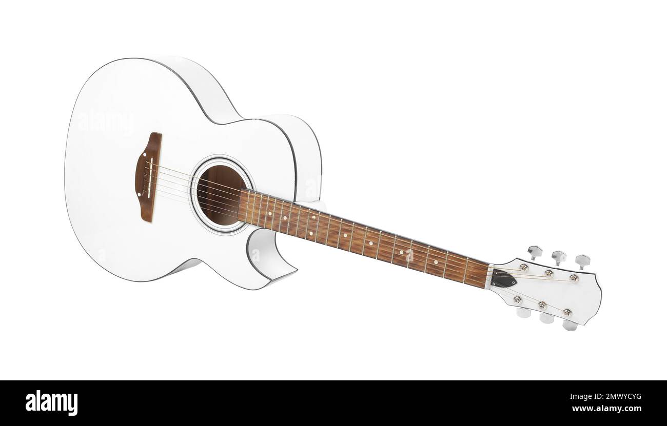 Musikinstrument - Akustikgitarre mit weißer Aussparung, isoliert auf weißem Hintergrund. Stockfoto