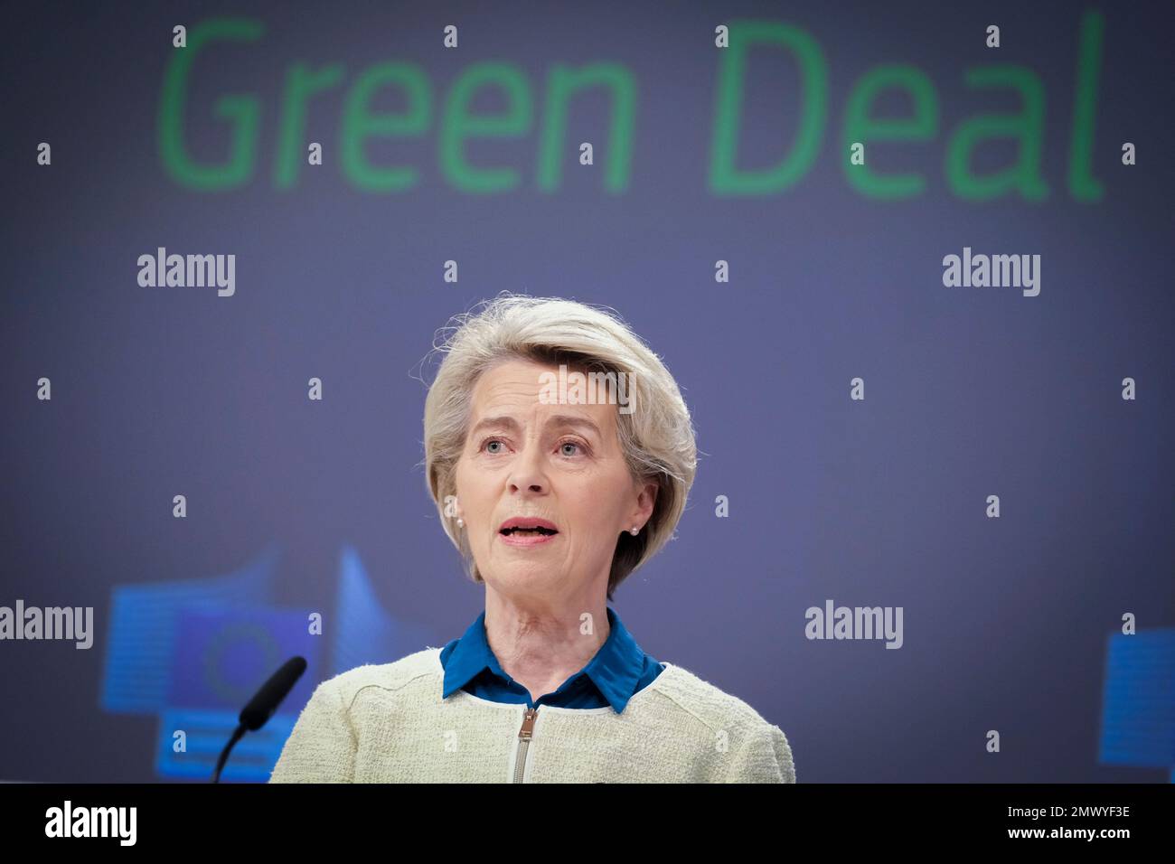 Nicolas Landemard / Le Pictorium - Pressekonferenz von Ursula von der Leyen - 1/2/2023 - Belgien / Brüssel / Brüssel - Pressekonferenz von EU-Kommissarin Ursula von der Leyen zum europäischen Industrieplan für den Grünen Deal. Stockfoto