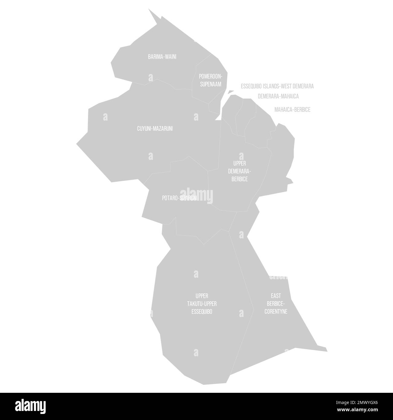 Politische Karte der Verwaltungsabteilungen - Regionen in Guyana. Durchgezogene helle Grauskala mit weißen Linien und Beschriftungen. Stock Vektor