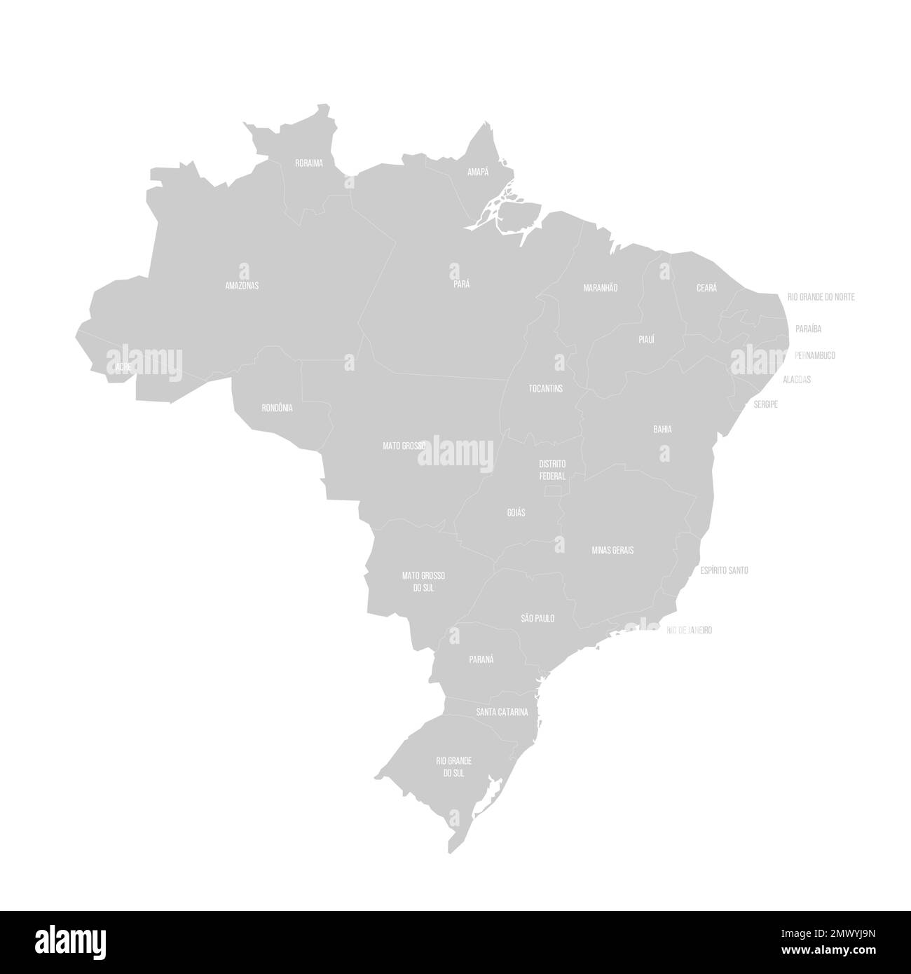 Politische Karte Brasiliens der Verwaltungsabteilungen - Föderative Einheiten Brasiliens. Durchgezogene helle Grauskala mit weißen Linien und Beschriftungen. Stock Vektor