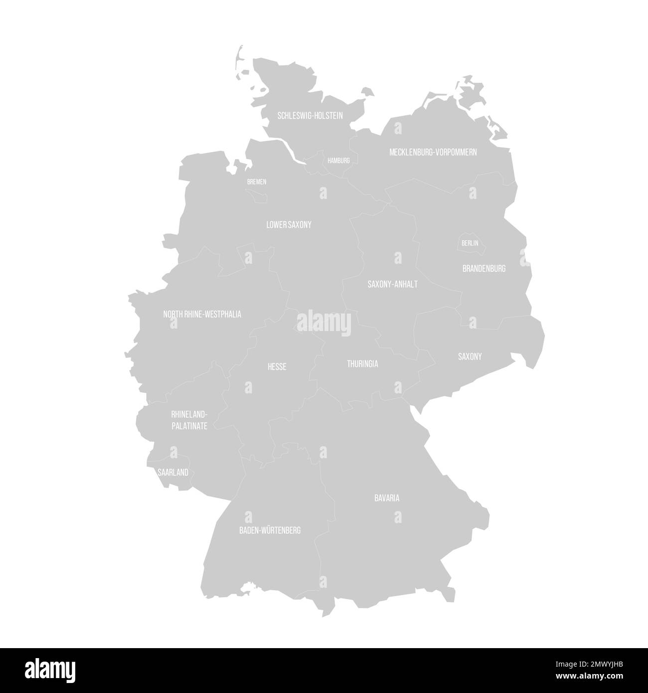 Die deutsche politische Karte der Verwaltungsabteilungen - Bundesländer. Durchgezogene helle Grauskala mit weißen Linien und Beschriftungen. Stock Vektor