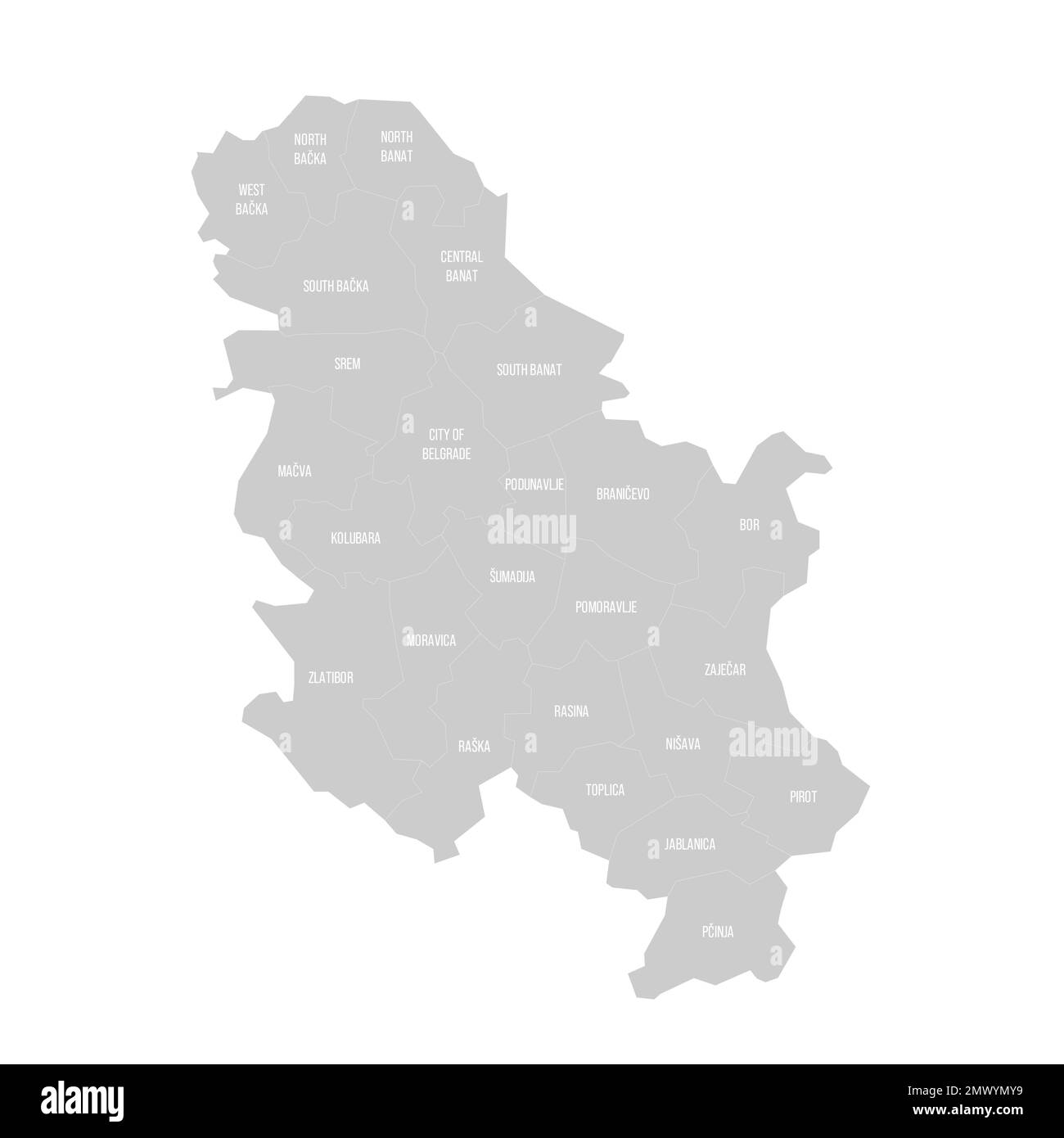 Serbiens politische Karte der Verwaltungsabteilungen - Okrugs und die autonome Stadt Belgrad. Durchgezogene helle Grauskala mit weißen Linien und Beschriftungen. Stock Vektor