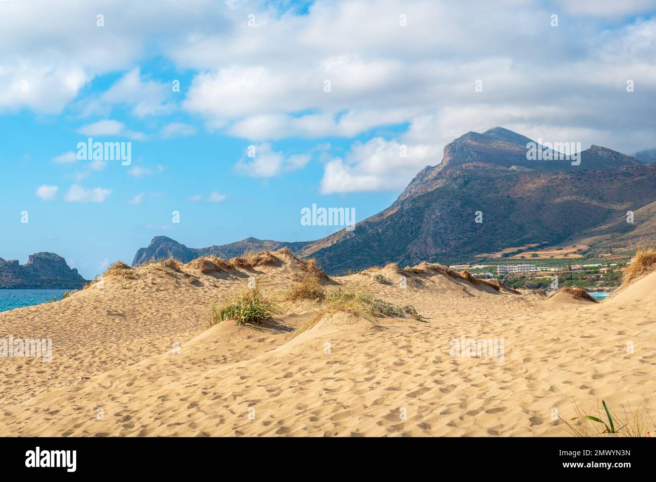 Blick auf den verlassenen Sandstrand von Falasarna. Kreta, Griechenland Stockfoto