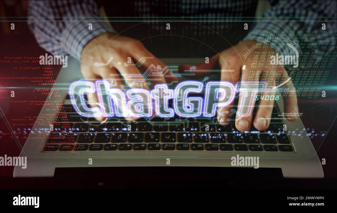 ChatGPT-Zeichenkonzept, Open-ai-Chat-gpt-bot und künstliche Intelligenz-Technologie. Abbildung: Mann, der auf der Computertastatur tippt 3D. Stockfoto