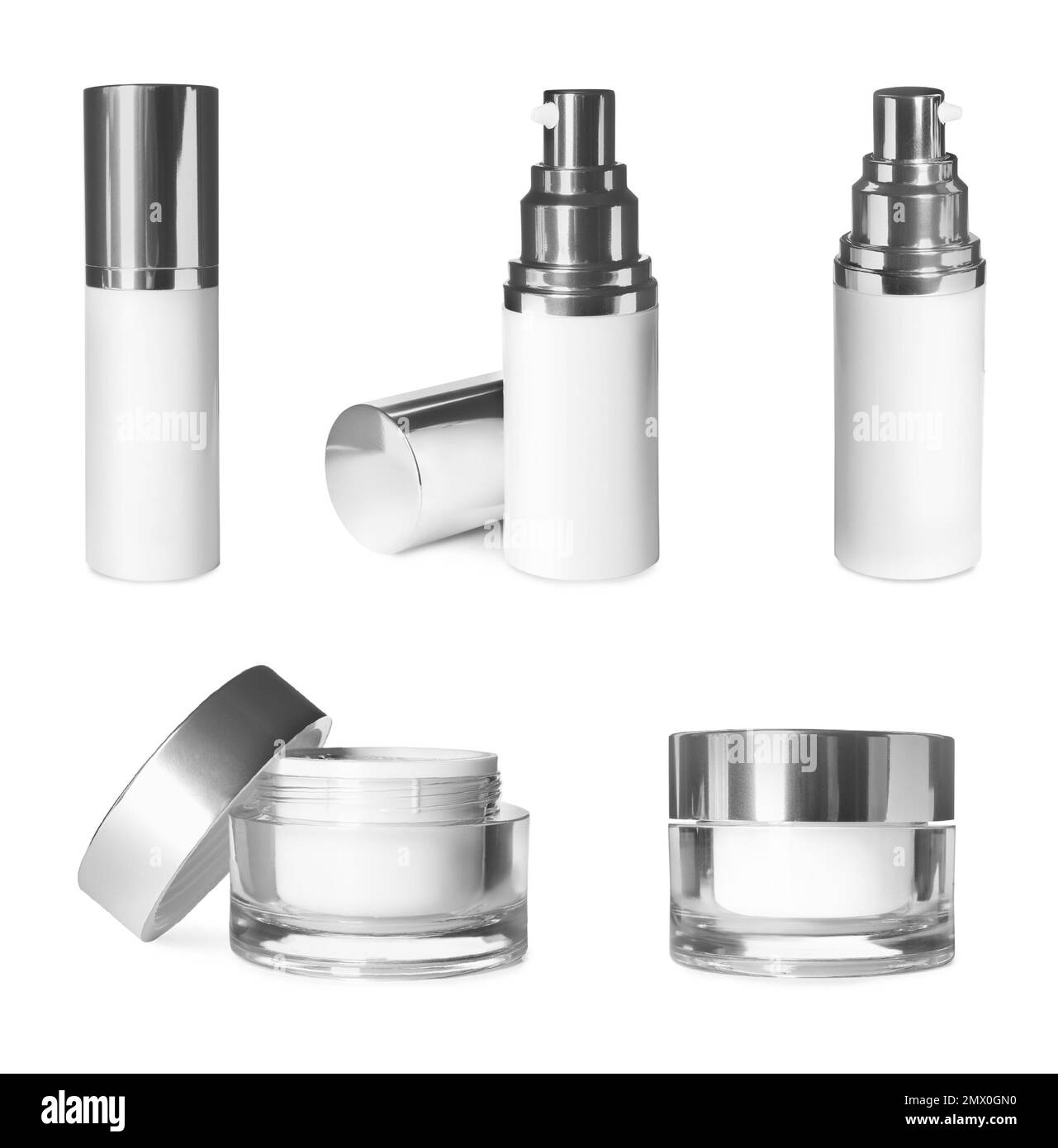 Set luxuriöser Kosmetikprodukte auf weißem Hintergrund Stockfoto