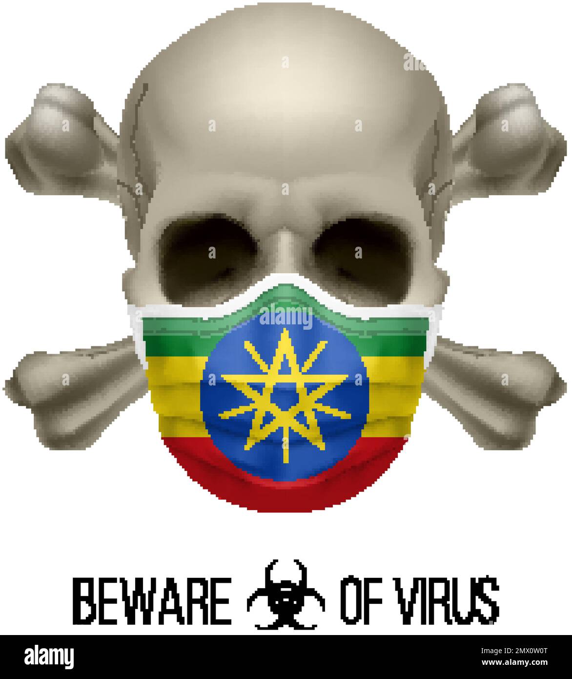 Menschlicher Schädel mit Kreuz und Operationsmaske in der Farbe der Nationalflagge Äthiopien. Maske in Form der äthiopischen Fahne und des Schädels als Begriff des Dire Stock Vektor