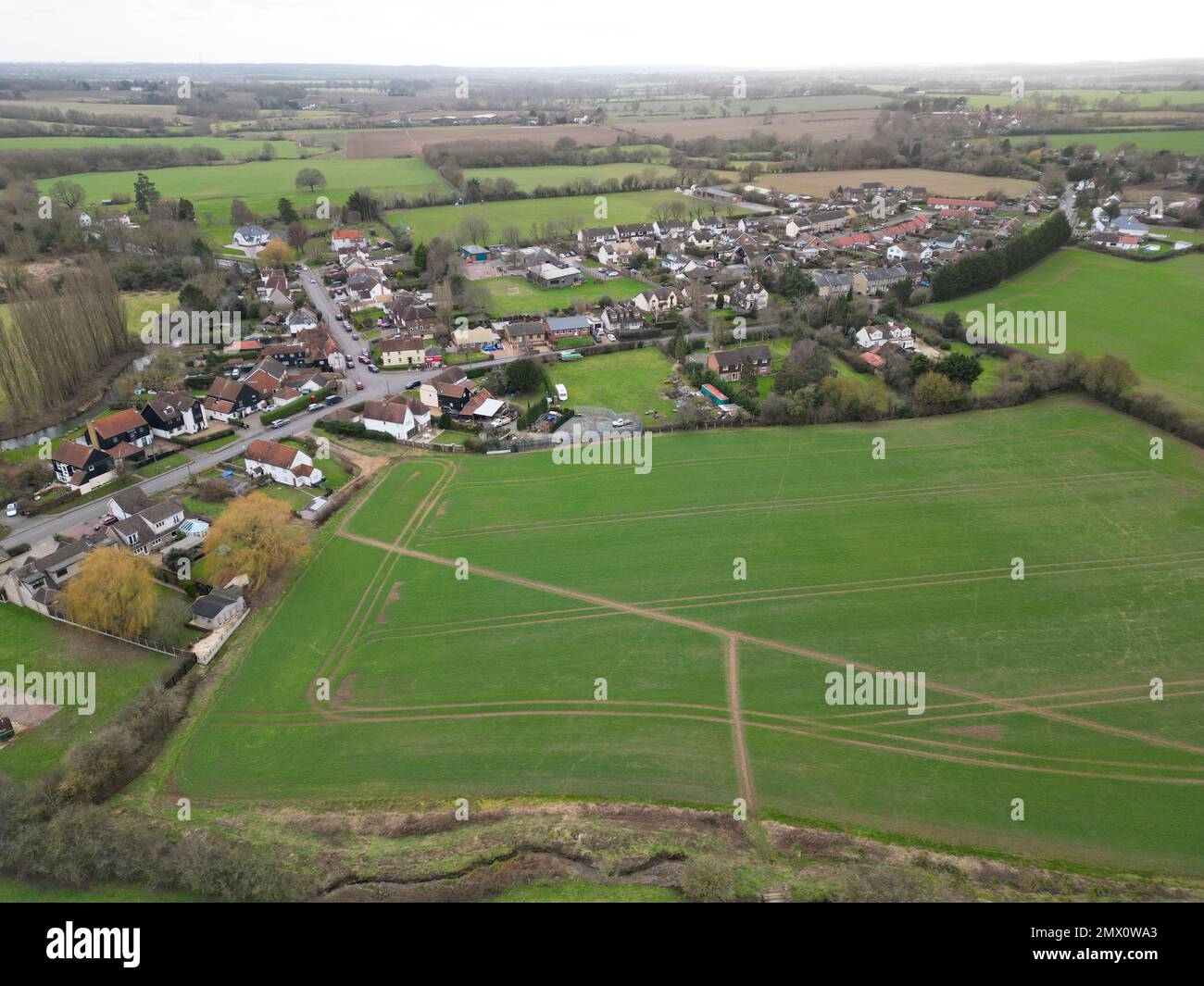 Fyfield, kleines Dorf Essex UK Hochwinkeldrohne, Luftfahrt, Blick aus der Luft, Vogelperspektive, Stockfoto