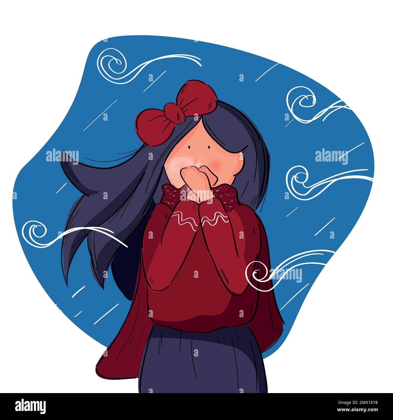 Handgemachte Zeichnung eines Mädchens mit langen Haaren und roter Schleife, die ihre Hände vor der Kälte wärmt. Vektorabbildung zur Verwendung auf Karten und mit Texten Stock Vektor