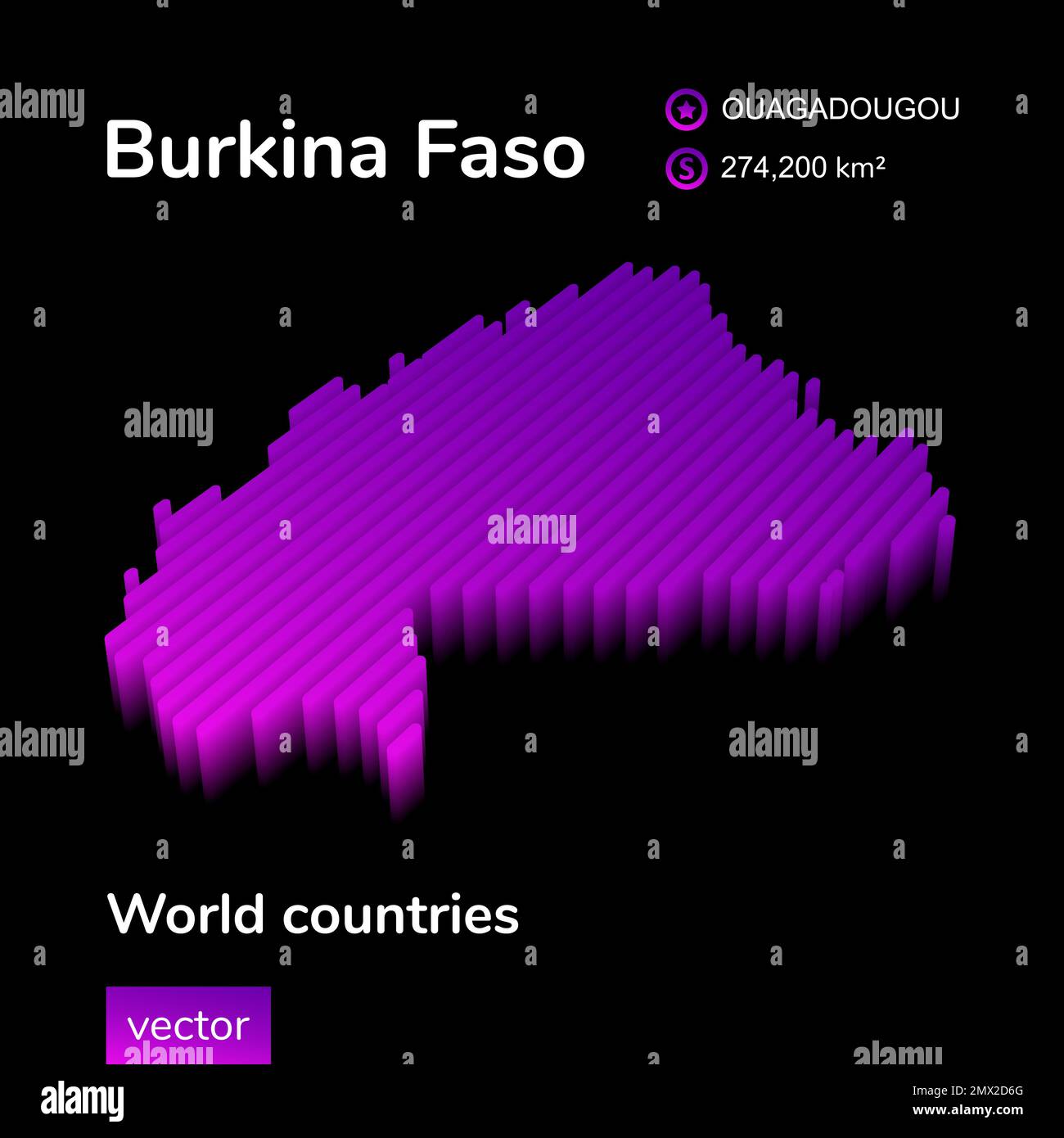 Karte von Burkina Faso 3D. Stilisierte Neon-gestreifte Vektorkarte in violetten und violetten Farben auf schwarzem Hintergrund Stock Vektor