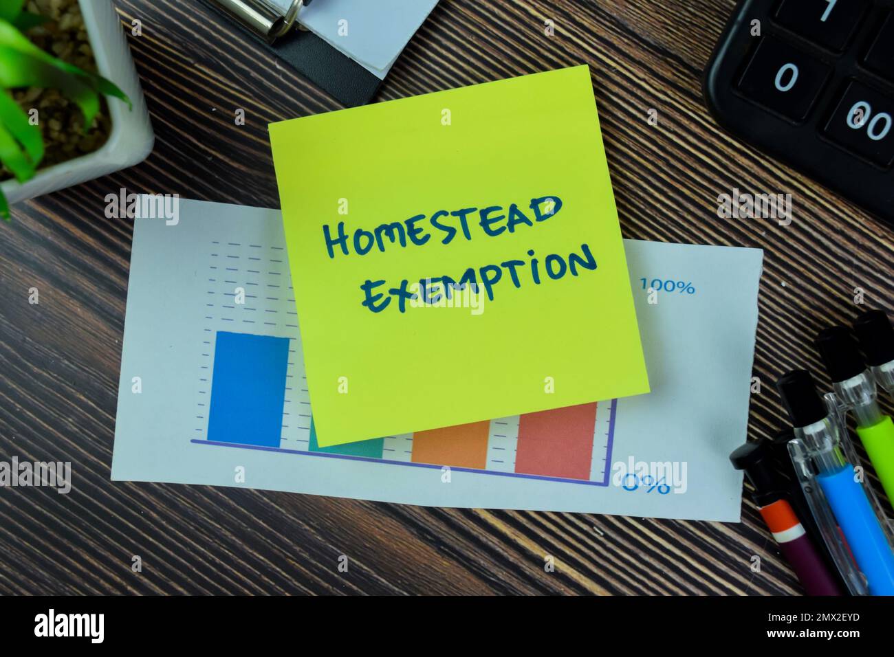 Konzept der Homestead-Befreiung Schreiben auf Haftnotizen isoliert auf Holztisch. Stockfoto