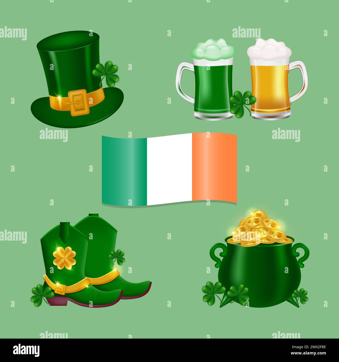 Traditionelle Symbole für St. Patricks Tag. Irlandflagge, Leprechaun-Hut, frisches Bier, grünes Ale, Topf mit Gold, shamrock Klee. Vektorsymbole festgelegt. Stock Vektor