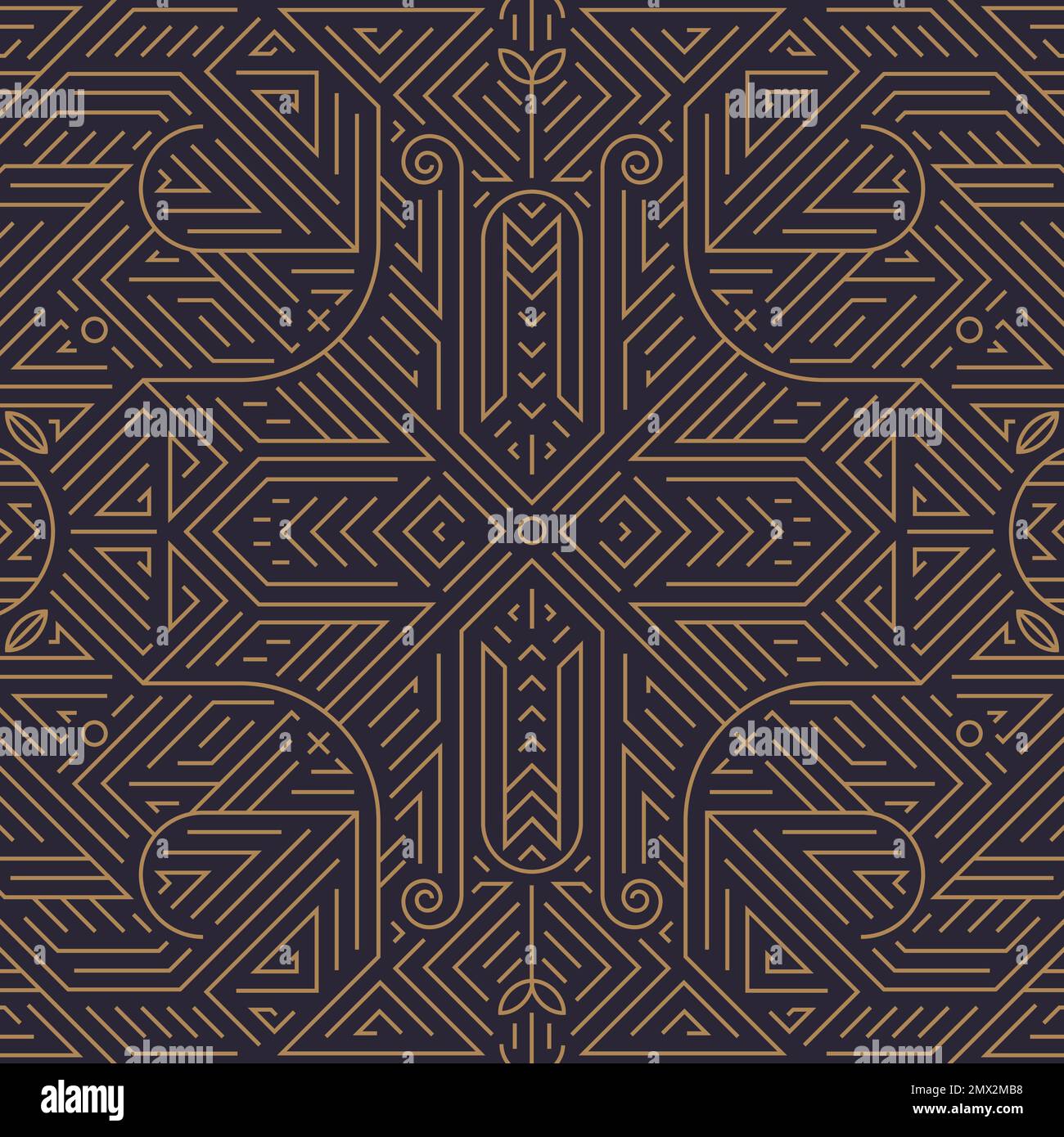 Vector Art Deco Gold Black nahtloses Muster. Vintage-Motiv mit geometrischen Linien und Blättern. Elegantes, luxuriöses Design für Tapetendruck Stock Vektor