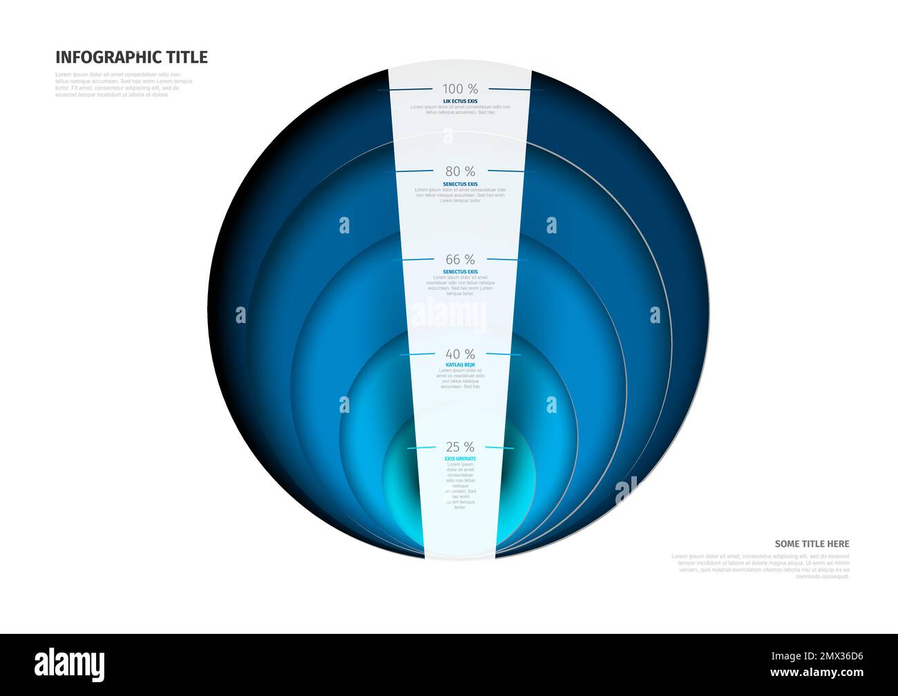 Vorlage für Vektor-Infografik-Kreisschichten mit fünf Ebenen, Volumen teilen Halbkreise – blaue Farbvorlage mit hellem Hintergrund und Beschreibung in Prozent Stock Vektor