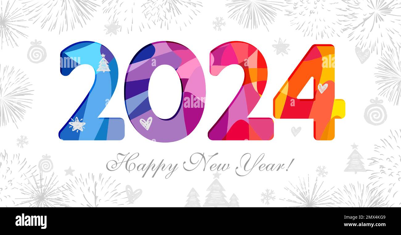 Niedliche Grußkarte zum guten Neujahr. 2024 Buntglasart isolierte Zahl. Festlicher Hintergrund. Kreatives Banner- oder Posterdesign. Dekoratives 3D-Papier Stock Vektor