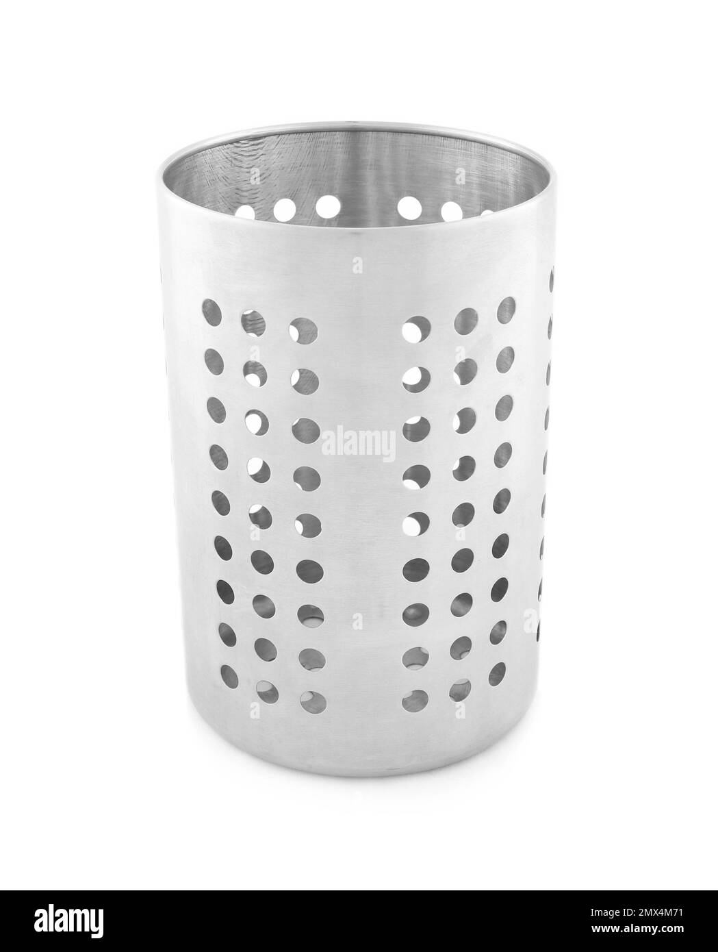 Leerer, auf weiß isolierter Utensillenhalter aus Metall Stockfoto