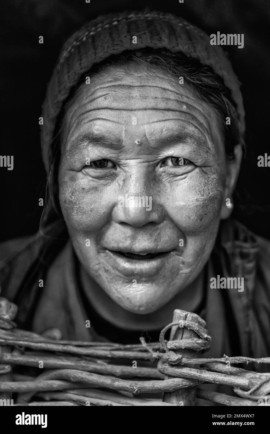 Porträt einer Ladakhi-Frau, Photoksar, Ladakh, Indien Stockfoto