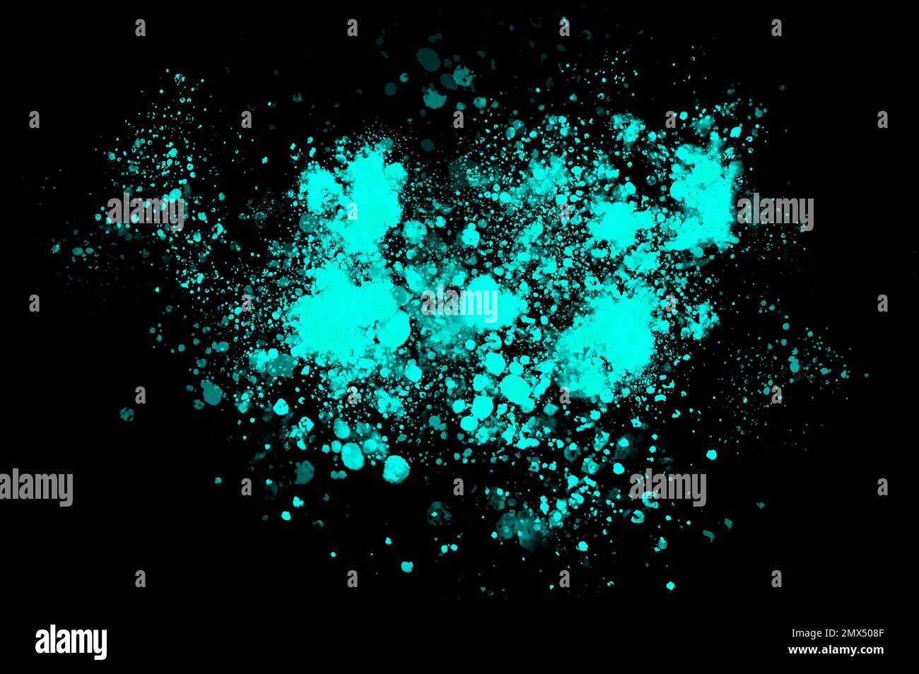 Mehrfarbige Wasserfarben-Splash-Blot hellblaue Punkte auf schwarzem Hintergrund Stockfoto