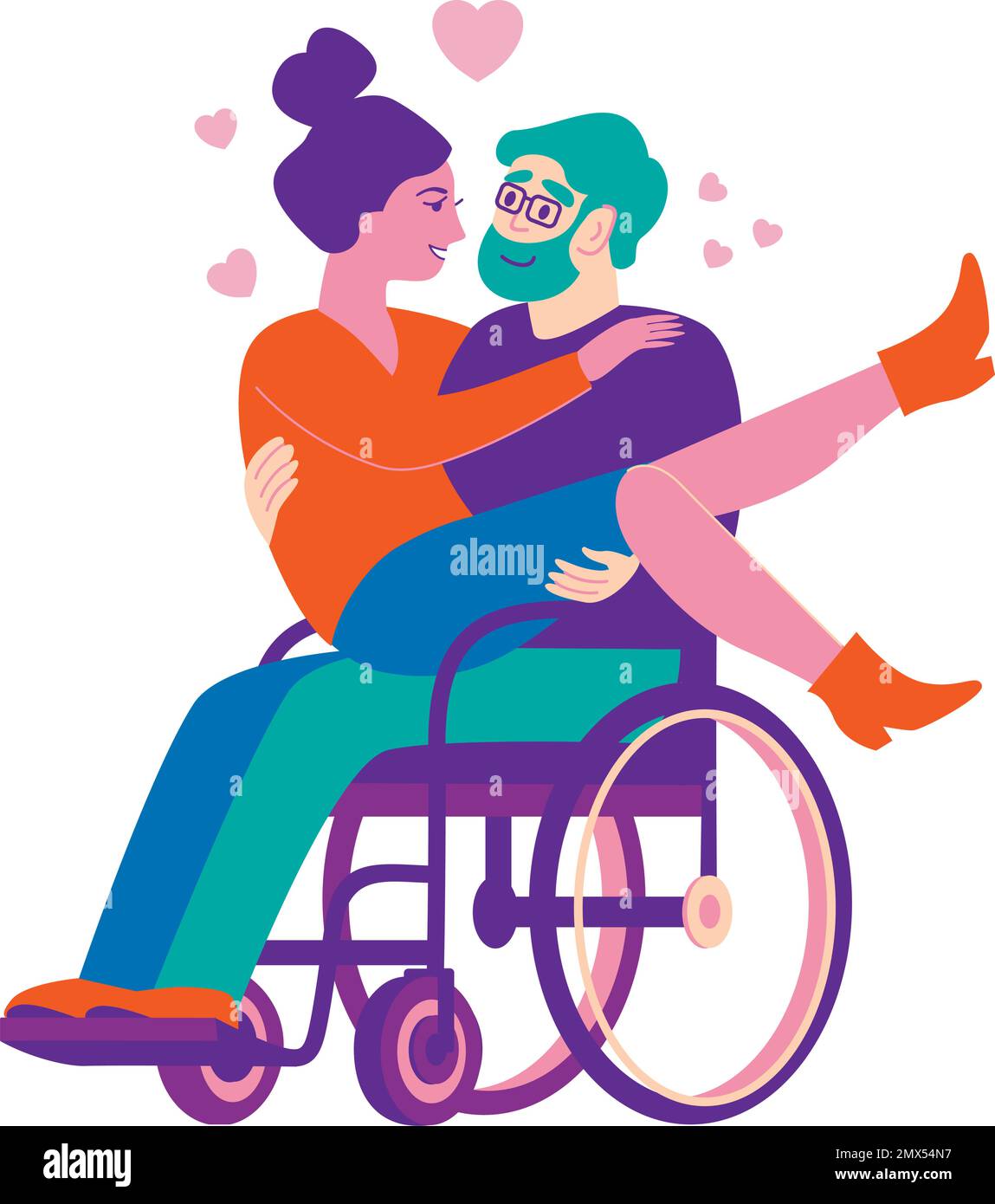 Junge, glückliche, heterosexuelle Paare, die sich lieben. Ein behinderter Mann im Rollstuhl hält die Freundin auf den Armen. Abbildung eines flachen Vektors. Stock Vektor