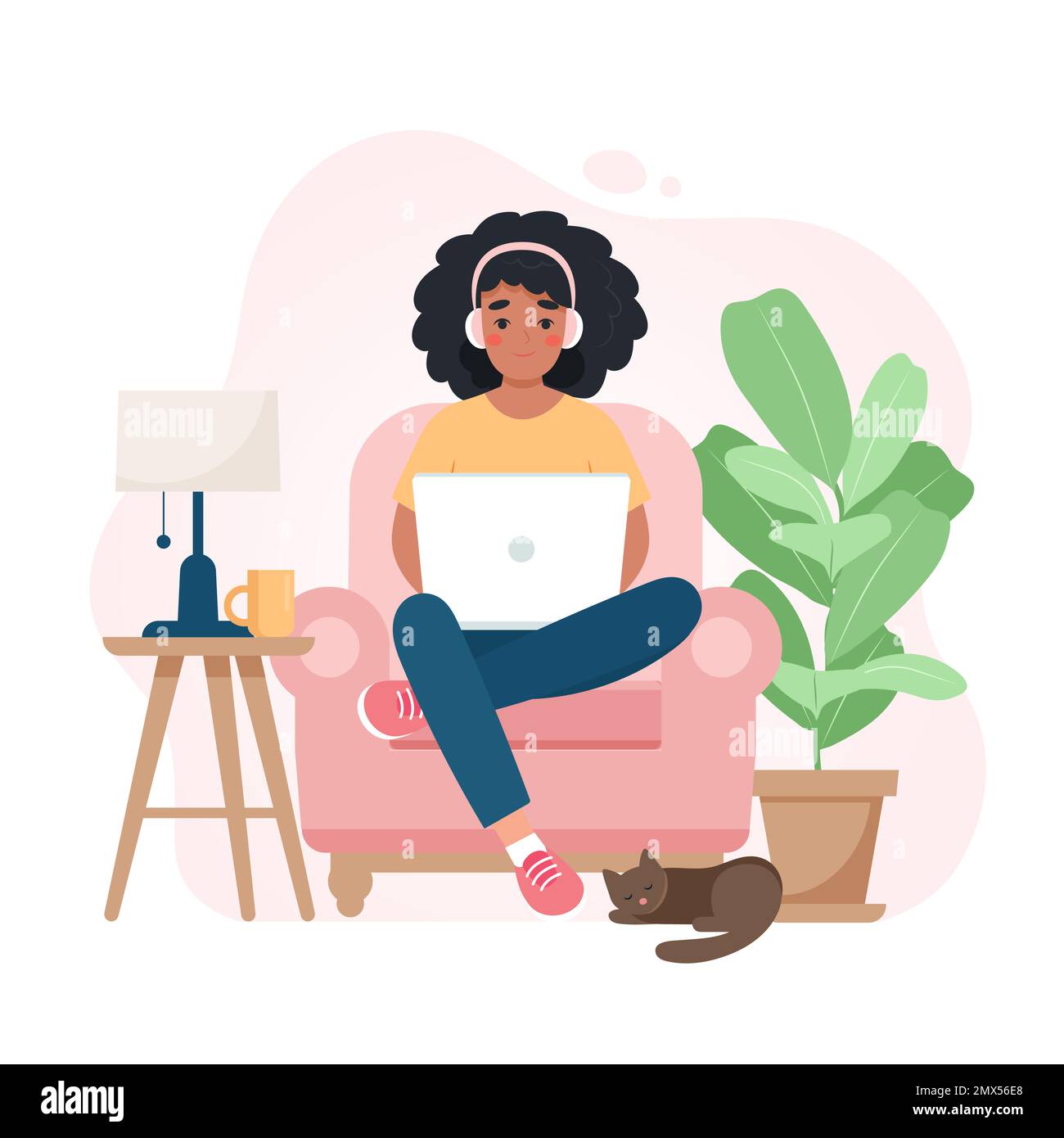 Schwarze Frau arbeitet von zu Hause Concept, Stuhl mit Laptop, Student oder Freiberufler. Niedliche Vektordarstellung im flachen Stil Stock Vektor