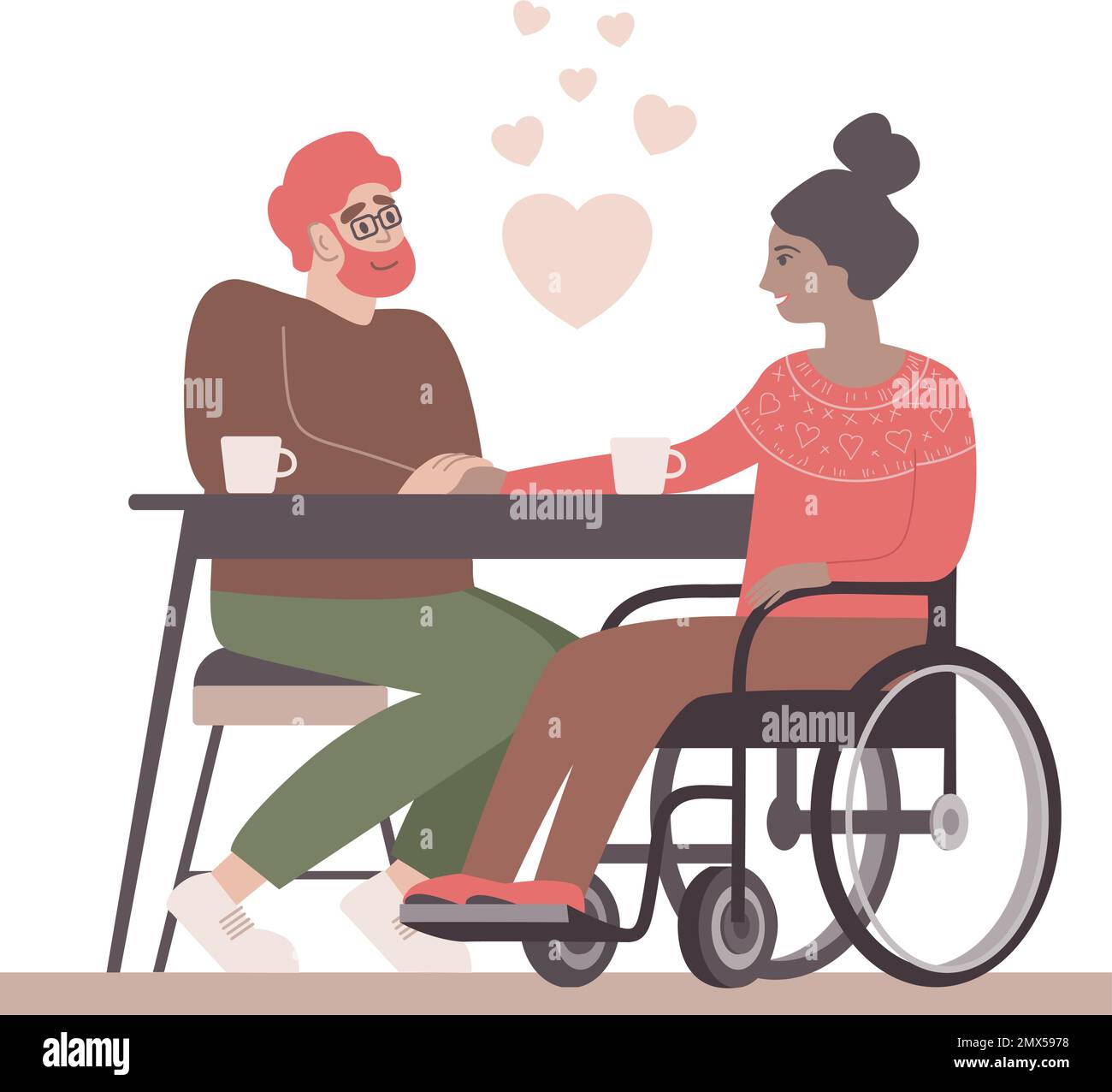 Liebenswertes valentinstagspaar. Mädchen mit Behinderung im Rollstuhl und ihr Freund hat ein Date in einem Café. Beziehung, Liebe, Zärtlichkeit, Pflegekonzept. Stock Vektor