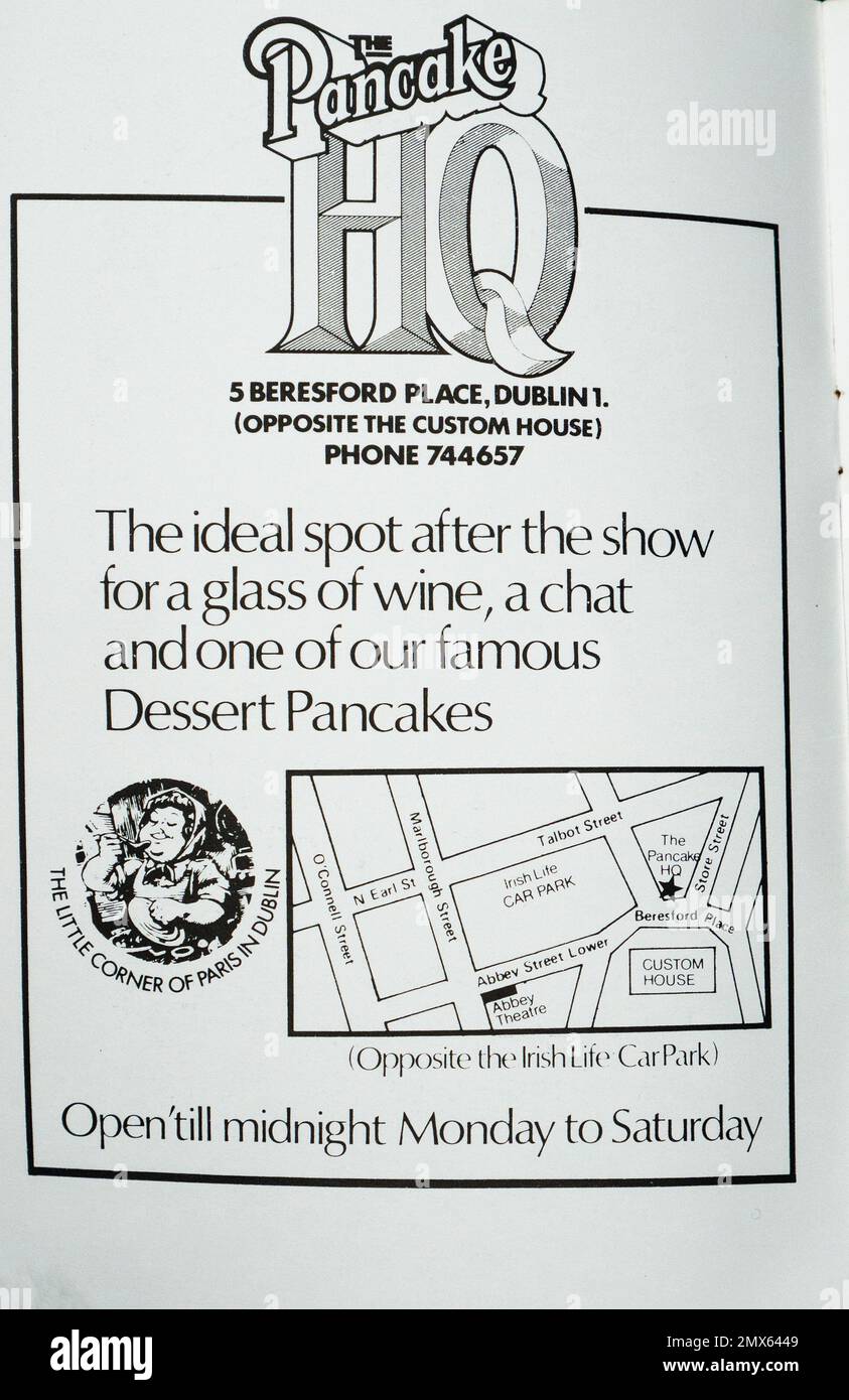 Eine 1979-Werbeanzeige für das Pancake-Hauptquartier, ein damals beliebtes Restaurant in Dublin, Irland. Seit geschlossen. Stockfoto