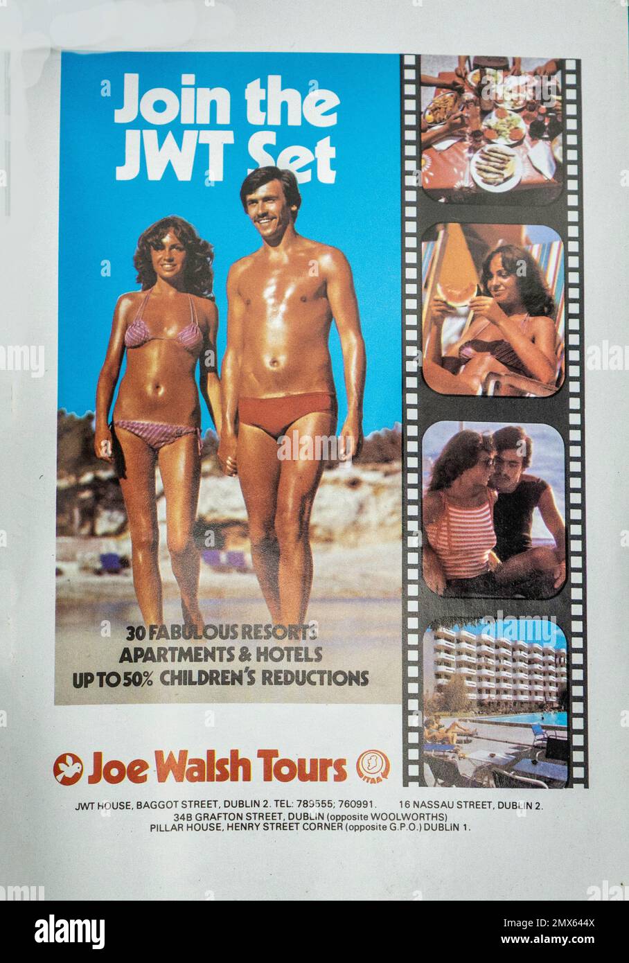 Eine 1979-Werbeanzeige für Joe Walsh Tours in Dublin, Irland, ein damals beliebtes Reisebüro für den Sonnenurlaub. Das ursprüngliche Unternehmen wurde 2021 geschlossen. In der Werbung werden die vier Standorte im Stadtzentrum erwähnt. Ein gleichnamiges Unternehmen ist jetzt auf Pilgerreisen spezialisiert. Stockfoto