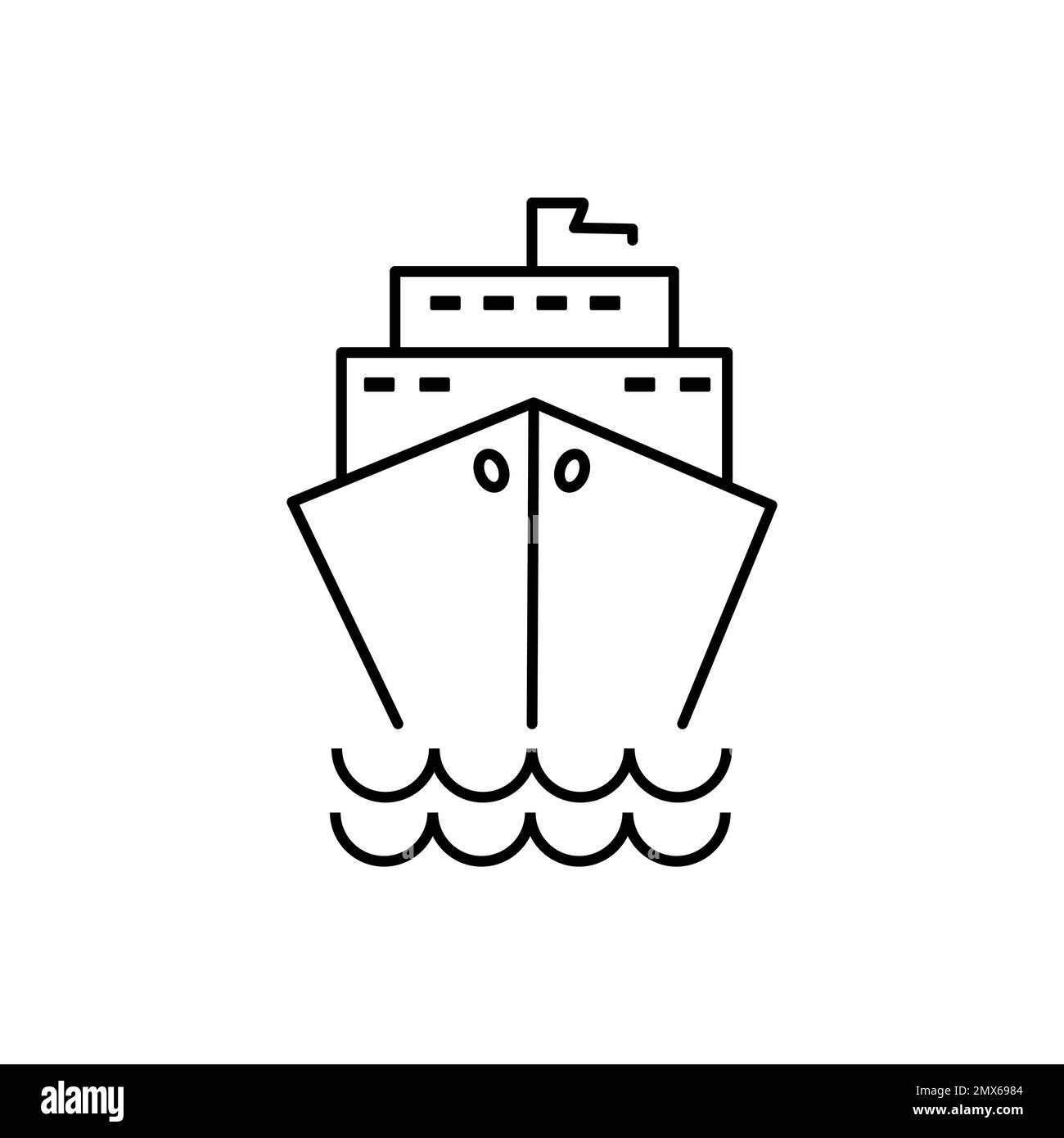 Schwarzes Kreuzfahrtschiffsymbol. Symbol „Ocean Vessel“ (Schiff) im linearen Piktogramm „Front View“ (Vorderansicht). Symbol „Umriss Für Frachtboot“. Schiffszeichen für Fracht, Passagierreisen. Edi Stock Vektor