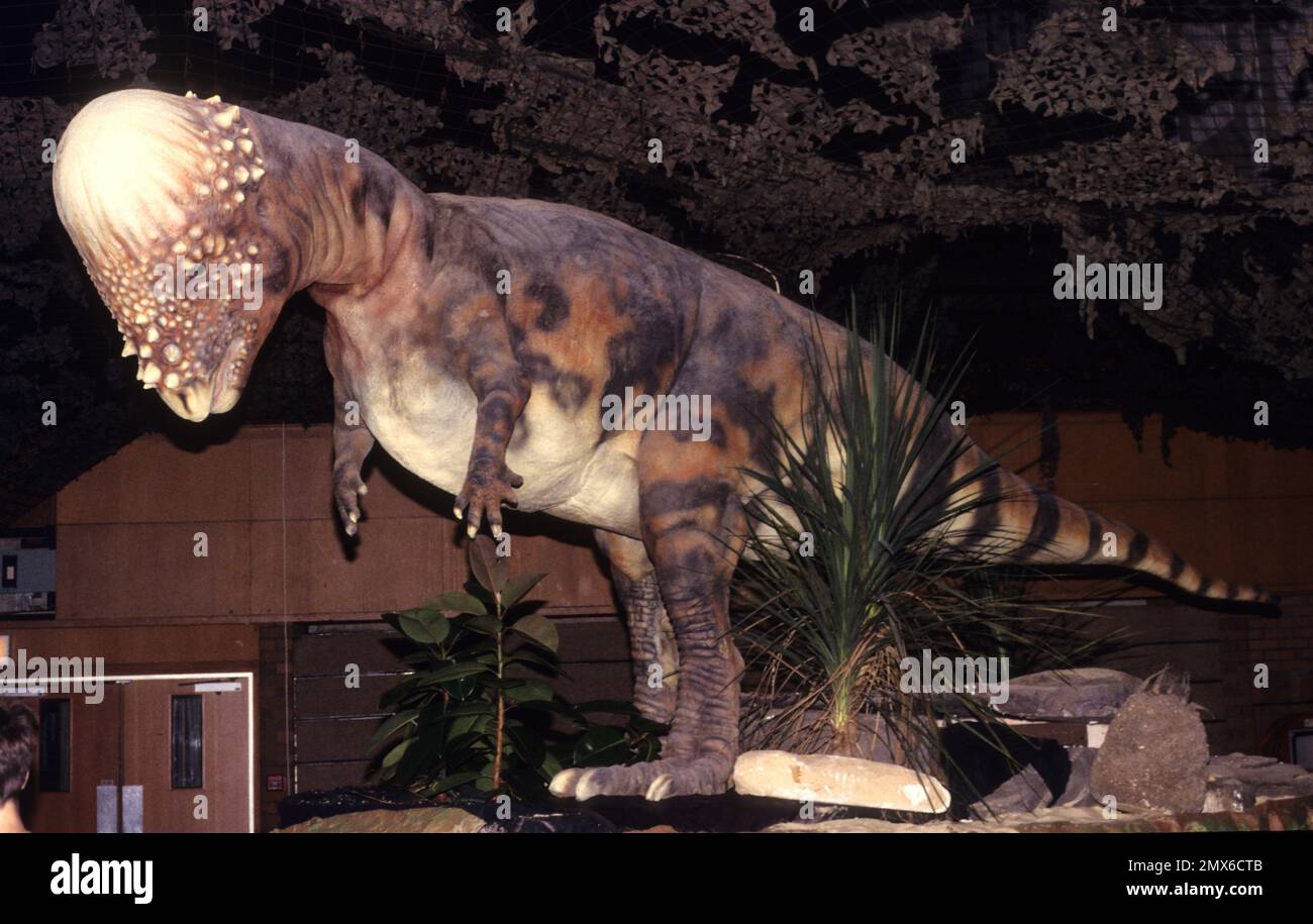 Lebensgroße animatronische Dinosaurier des amerikanischen Unternehmens Dinamation Corp auf der Ausstellung bei den „Dinosaurs Alive!“ Die Ausstellung im Alexandrea-Palast erfreuen Sie sich an der Besichtigung Stockfoto