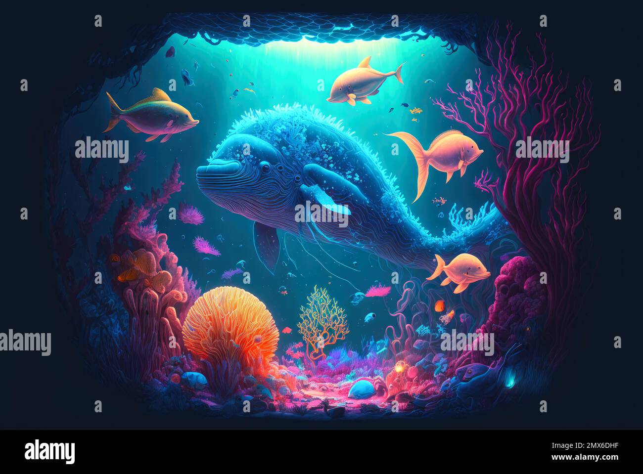 Farbe: Ein psychedelischer Tauchen in eine surreale Unterwasserwelt mit glühenden Meeresbewohnern und einzigartigen Ökosystemen Stockfoto
