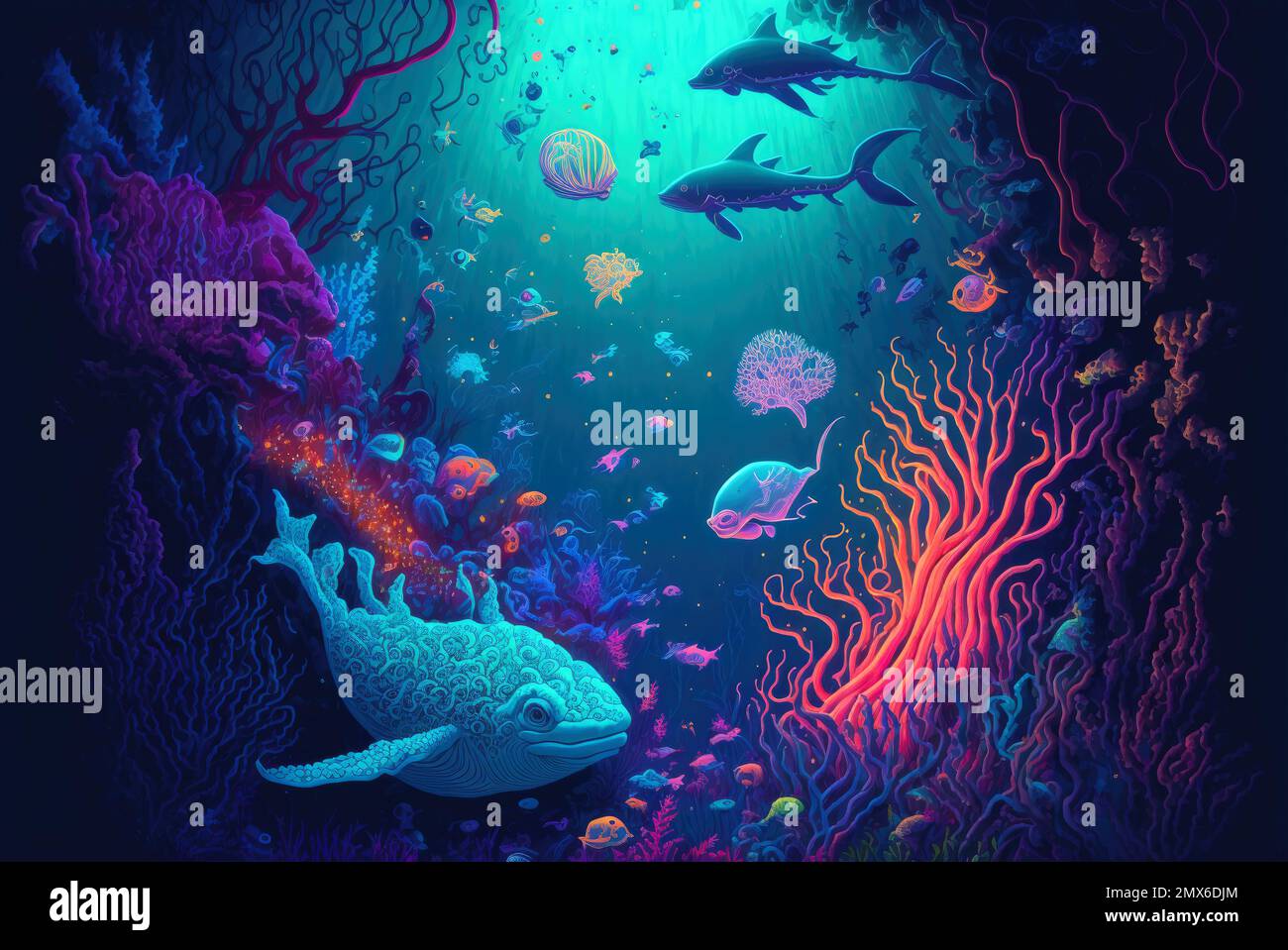 Farbe: Ein psychedelischer Tauchen in eine surreale Unterwasserwelt mit glühenden Meeresbewohnern und einzigartigen Ökosystemen Stockfoto