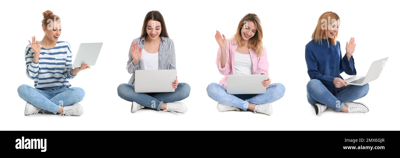 Collage von Frauen mit Laptops auf weißem Hintergrund. Bannerdesign Stockfoto