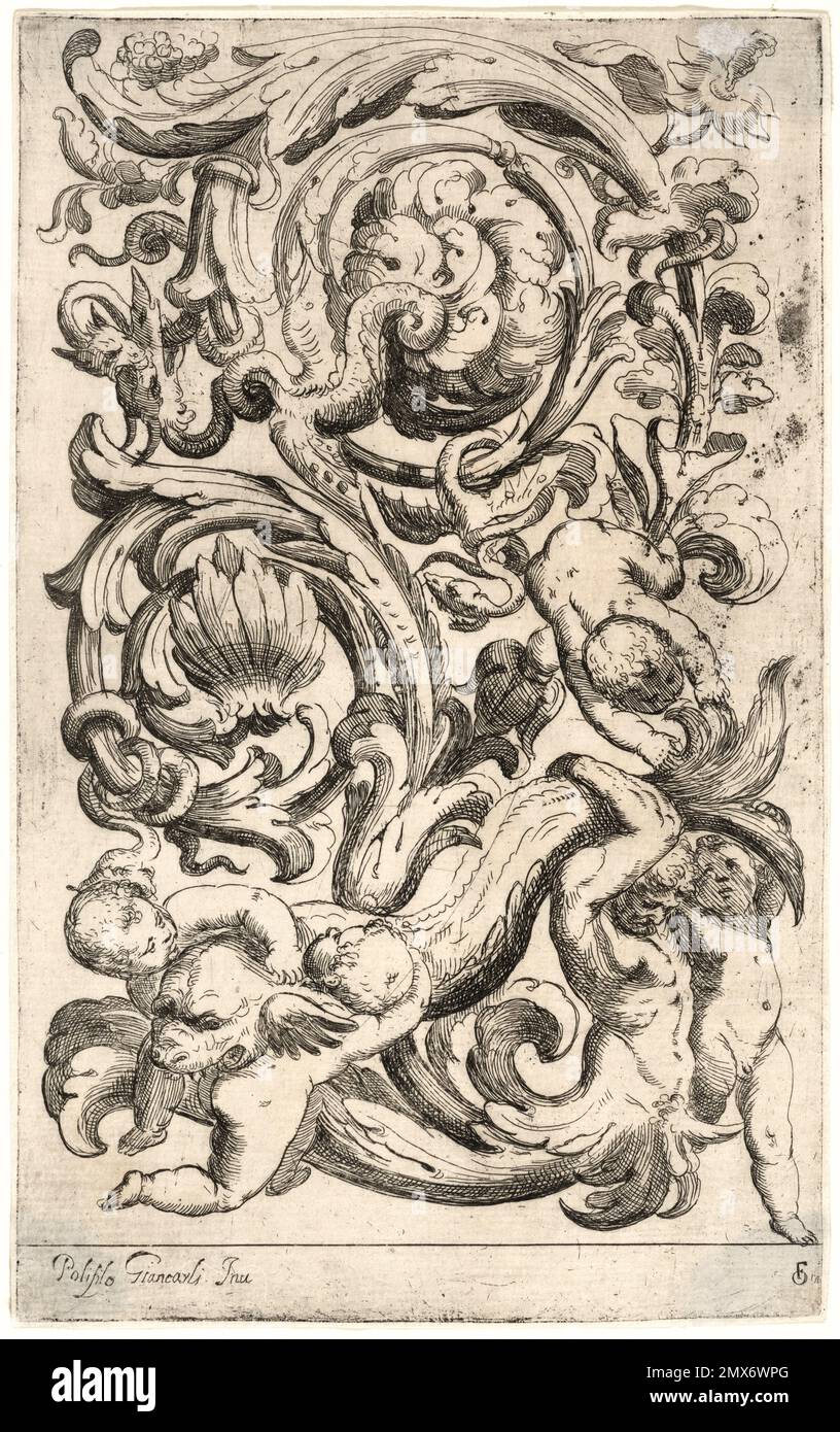 Ein Delfin, getragen von vier Kindern und einem Triton. Giancarli, Polifilo (Designer) Fialetti, Odoardo, 1573-1638 (Künstler). Italienischer Master druckt vertikal Stockfoto