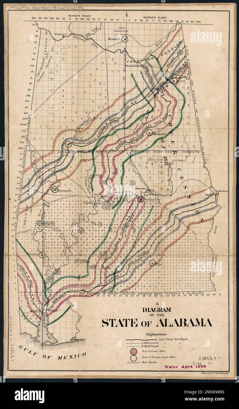 Ein Diagramm des Bundesstaates Alabama. Vereinigte Staaten. General Land Office (Herausgeber) Bowen & Co (Lithograf). Karten der nordamerikanischen Länder vereint Stockfoto